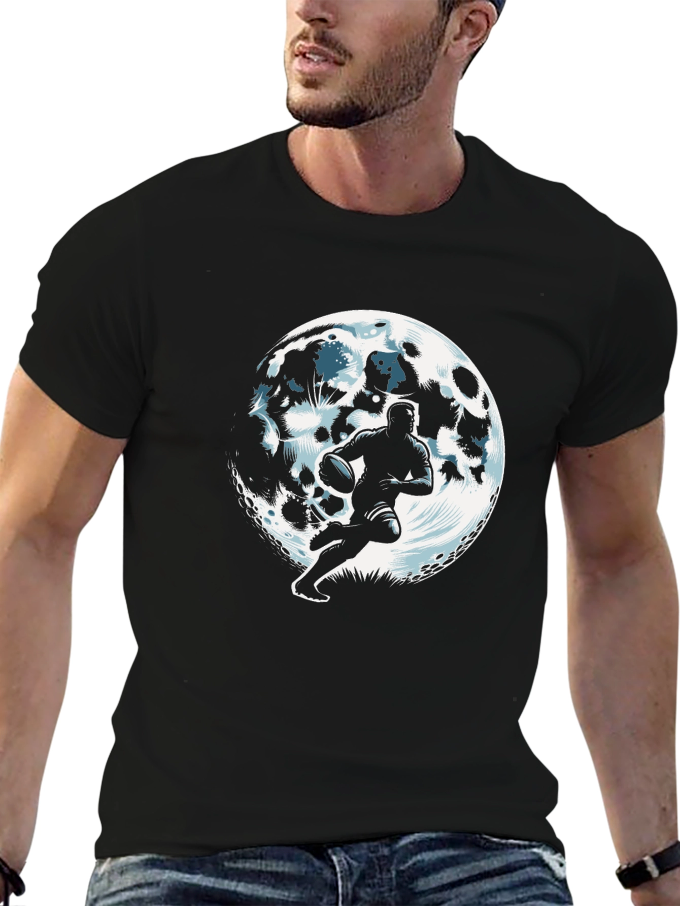 Rugby Player Moon Graphic Black T-Shirt