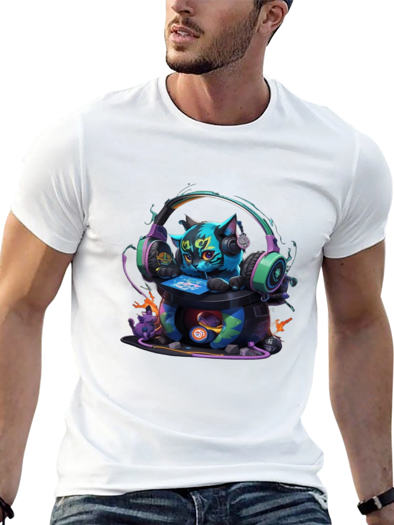 Gamer Cat Graphic T-Shirt - Cool Headphone Design