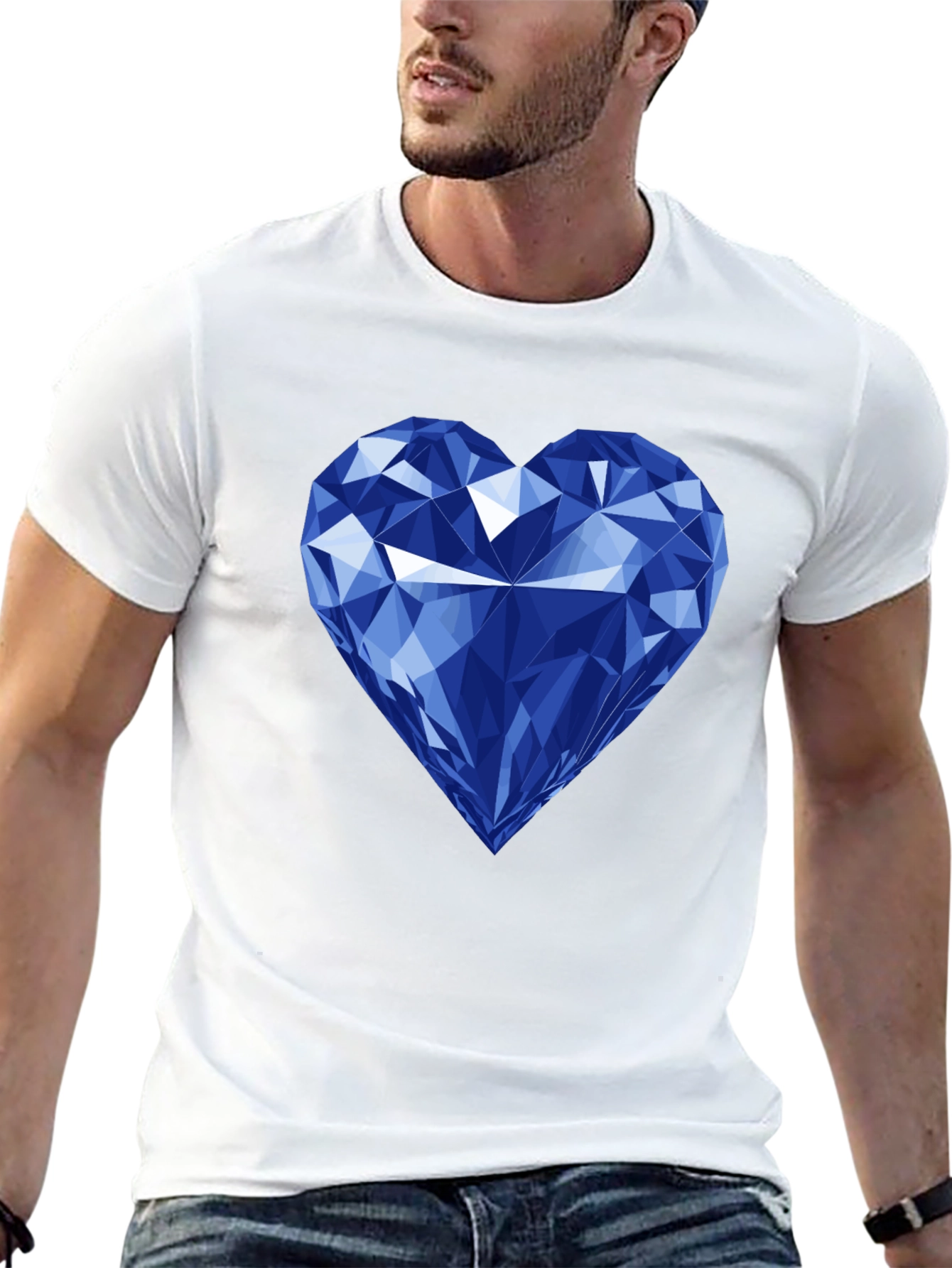 Blue Diamond Heart Graphic Black T-Shirt
