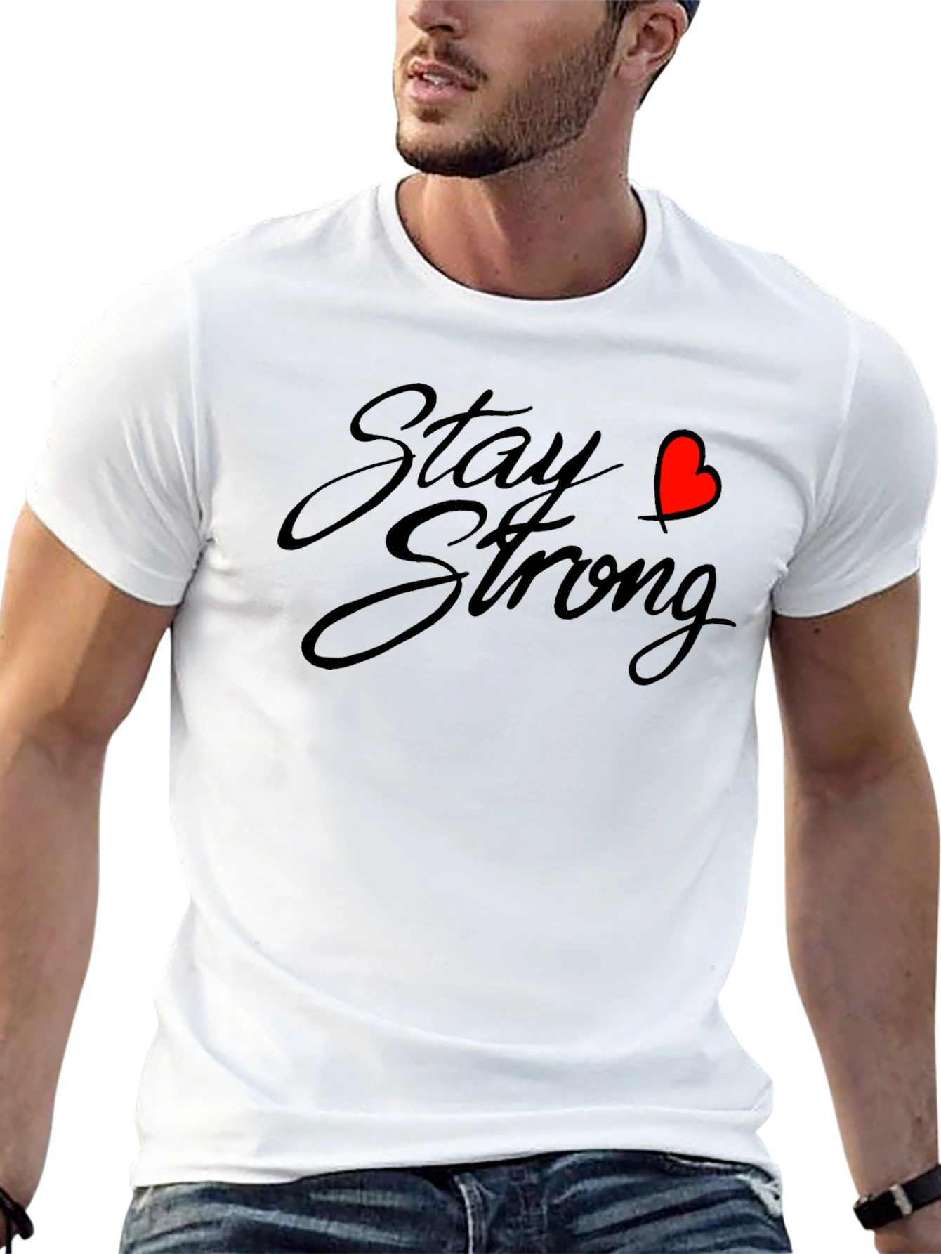Stay Strong Black T-Shirt with Heart Graphic