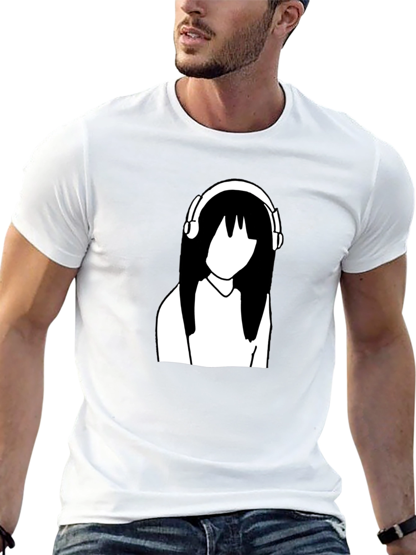 Minimalist Anime Girl with Headphones Black T-Shirt