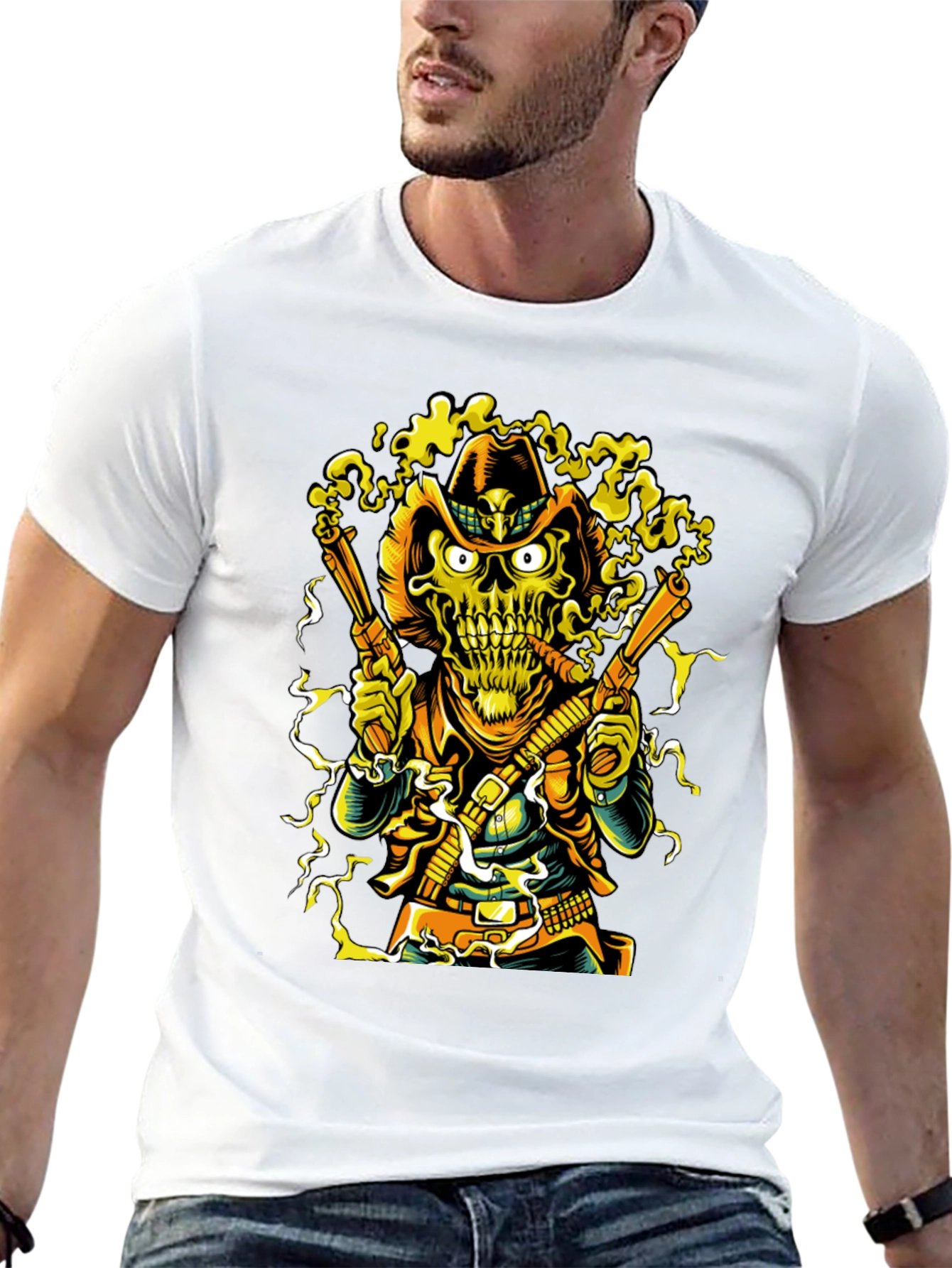 Skull Cowboy Graphic Tee - Black Cotton T-Shirt