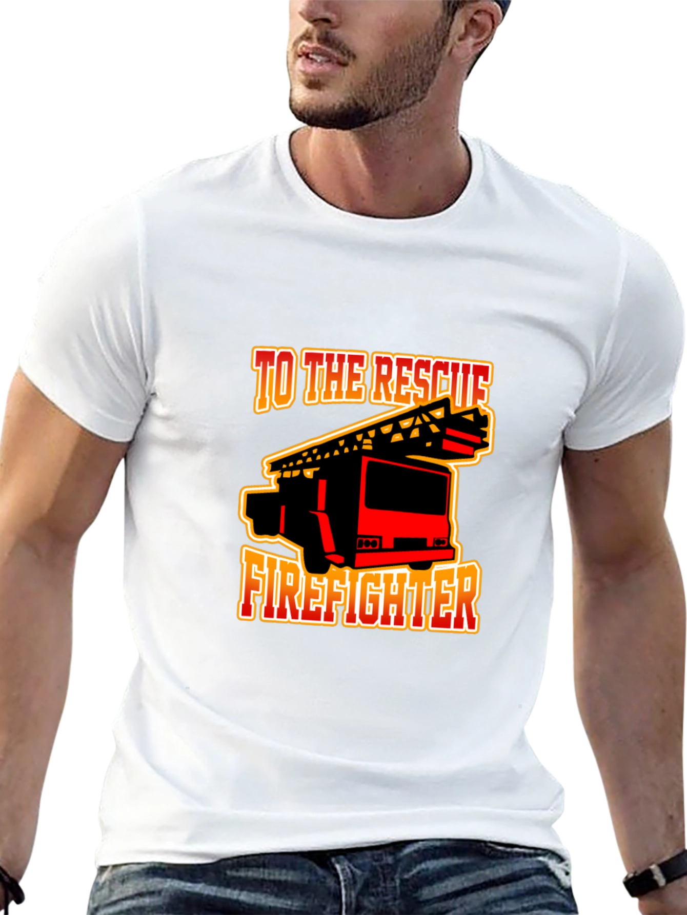 Firefighter Rescue Truck Graphic Tee - Black Cotton T-Shirt