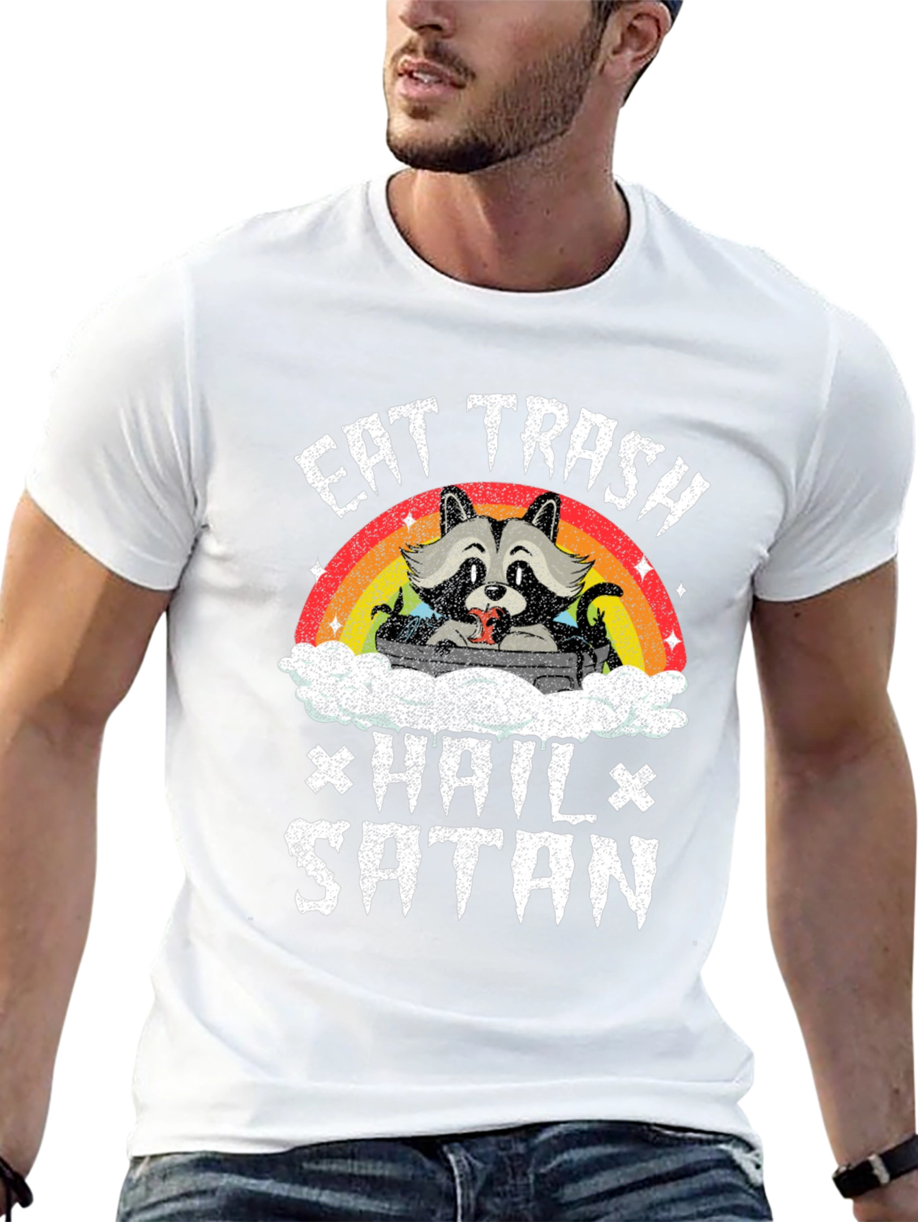 Eat Trash Hail Satan Funny Raccoon Graphic T-Shirt