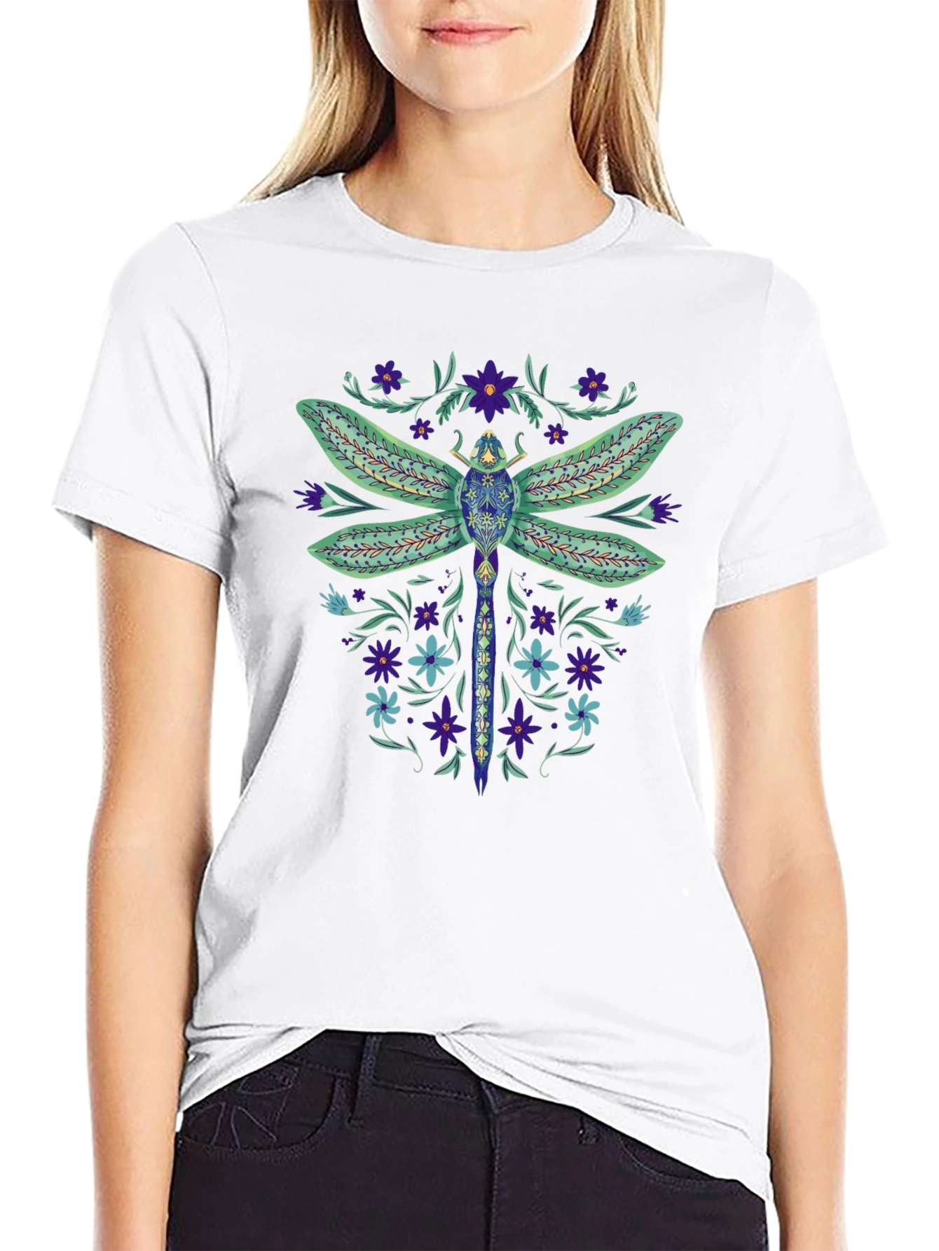 Dragonfly Floral Graphic Black T-Shirt