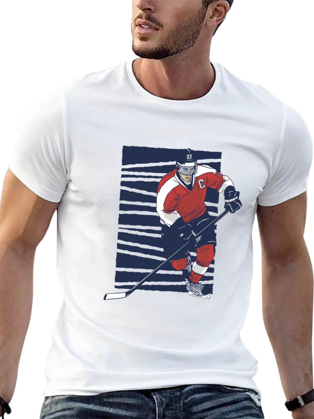 Hockey Player Graphic Tee - Black Cotton T-Shirt
