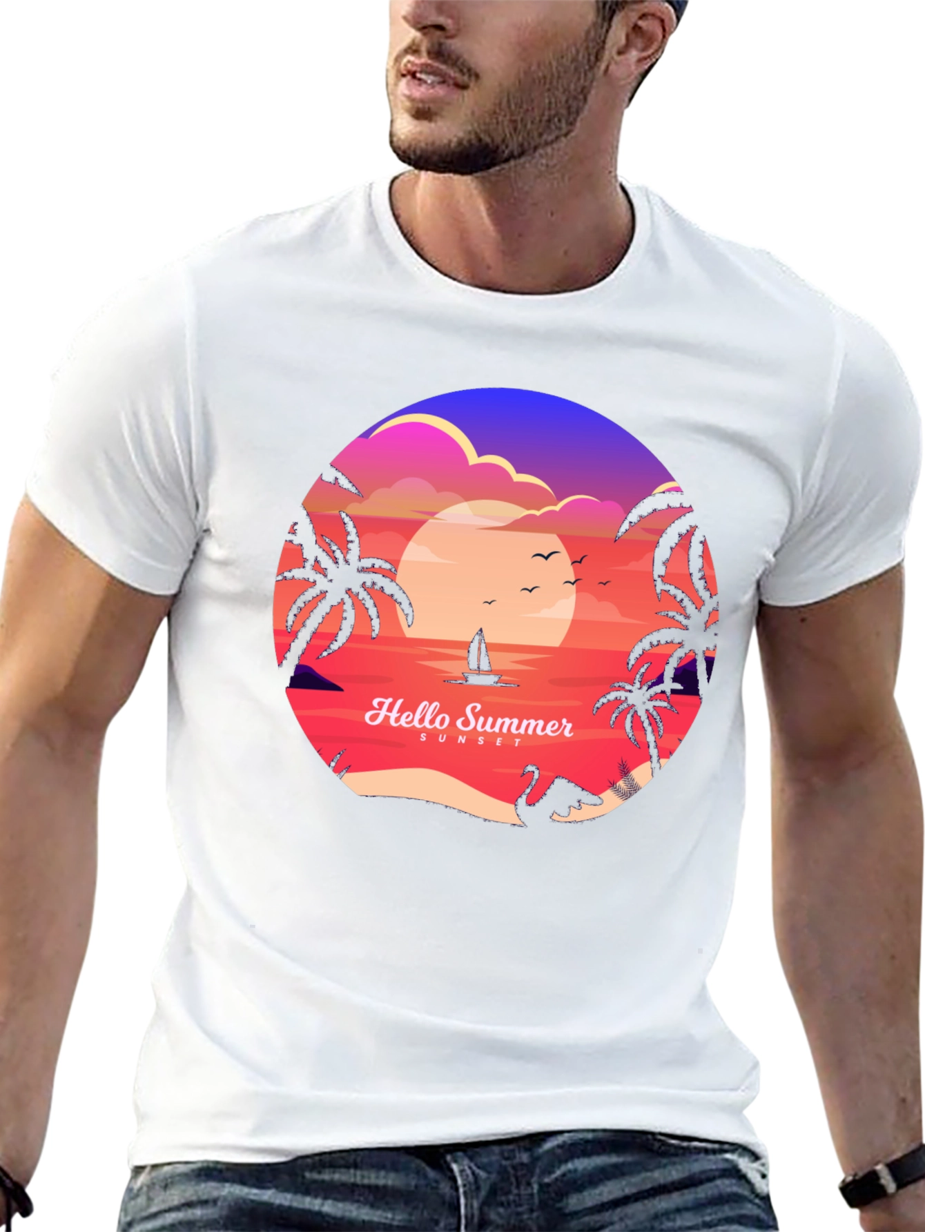 Hello Summer Sunset T-Shirt - Tropical Beach Vibes