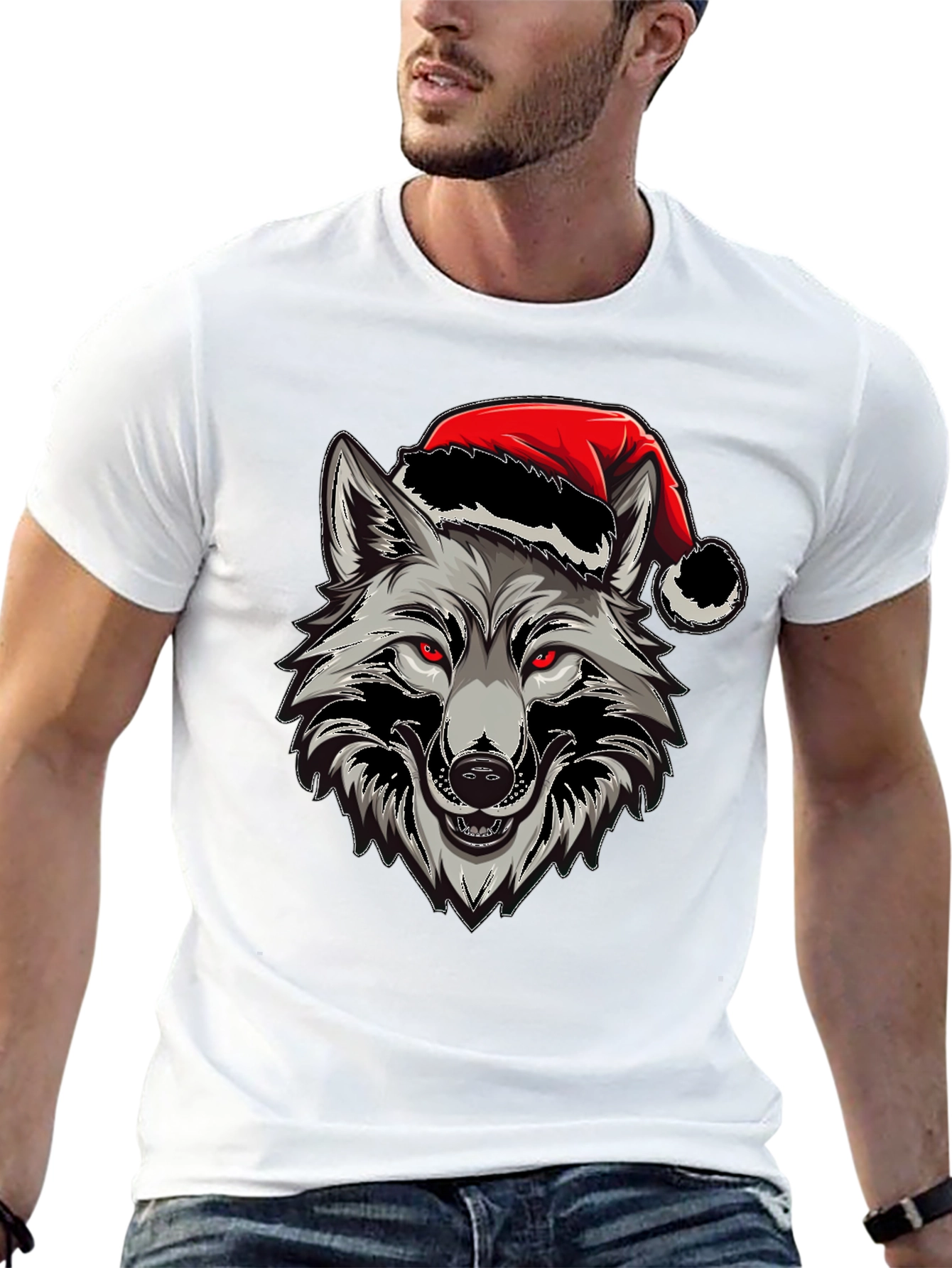 Wolf Christmas T-Shirt - Red Eyes & Santa Hat