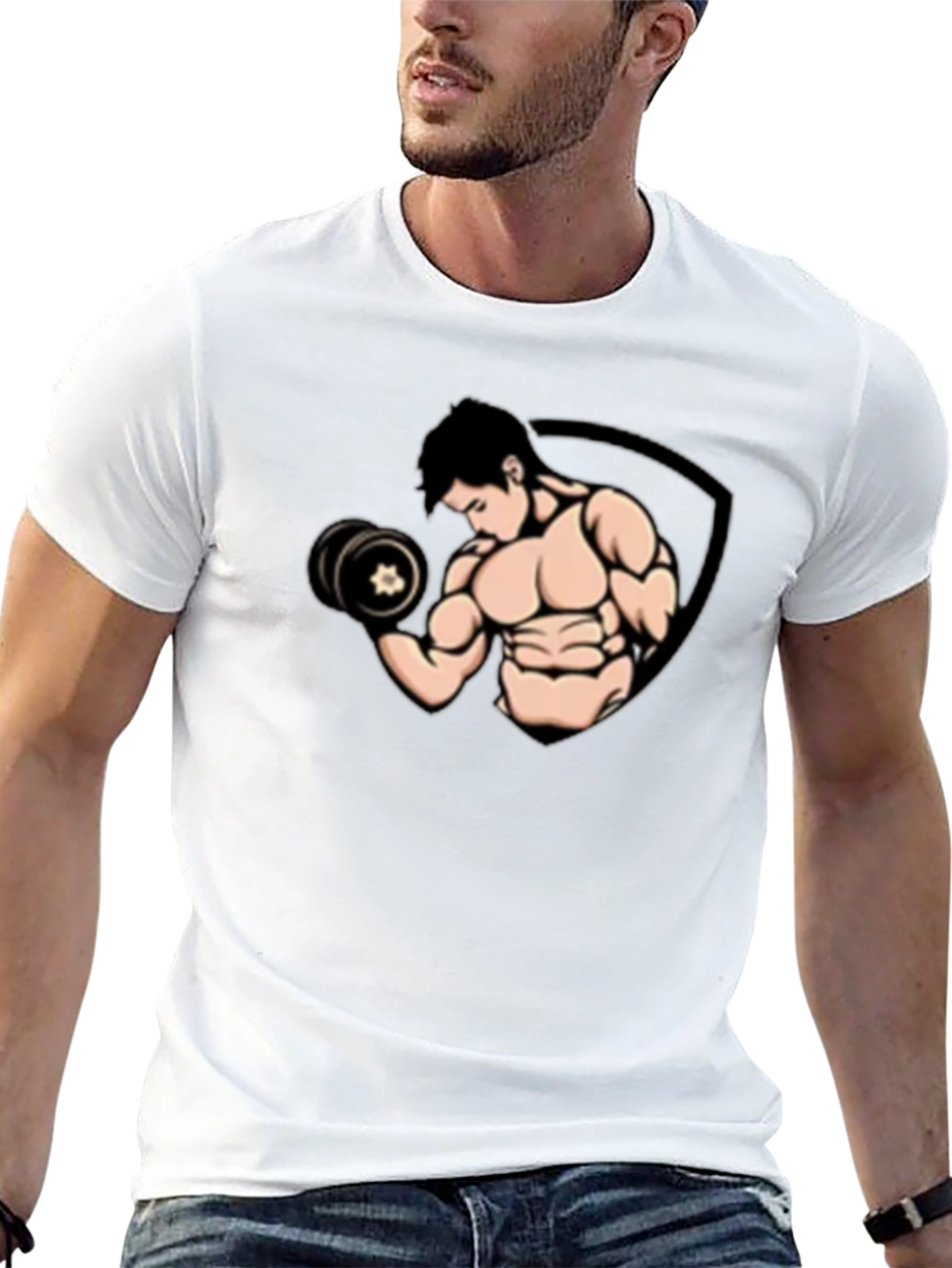Black Graphic T-Shirt - Muscled Man Lifting Weights