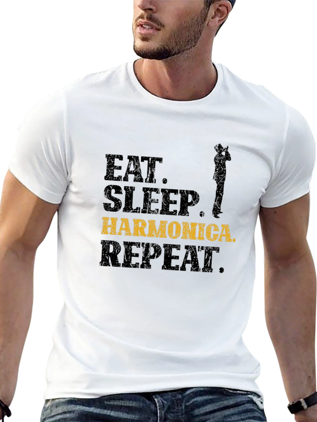 Eat Sleep Harmonica Repeat Black T-Shirt