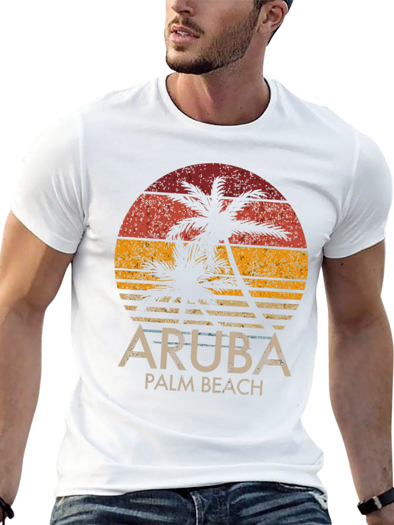 Aruba Palm Beach T-Shirt - Retro Sunset Graphic Tee