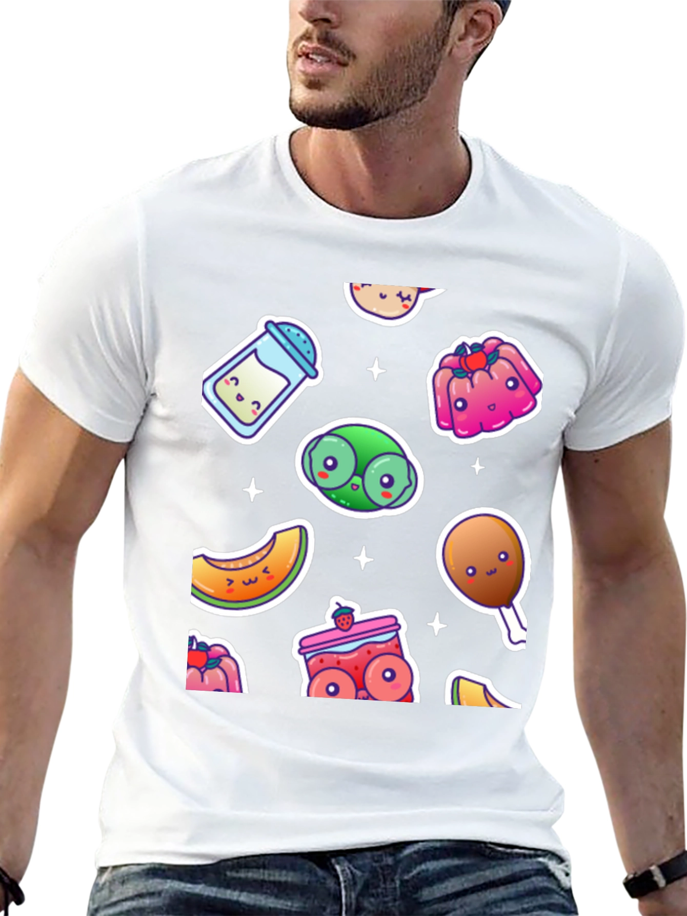 Kawaii Food Pattern Black T-Shirt
