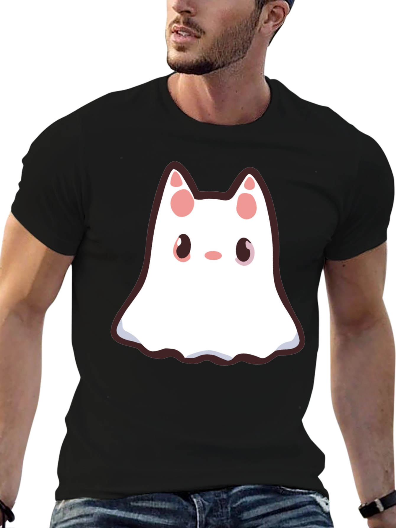 Cute Ghost Cat Black T-Shirt - Halloween Style