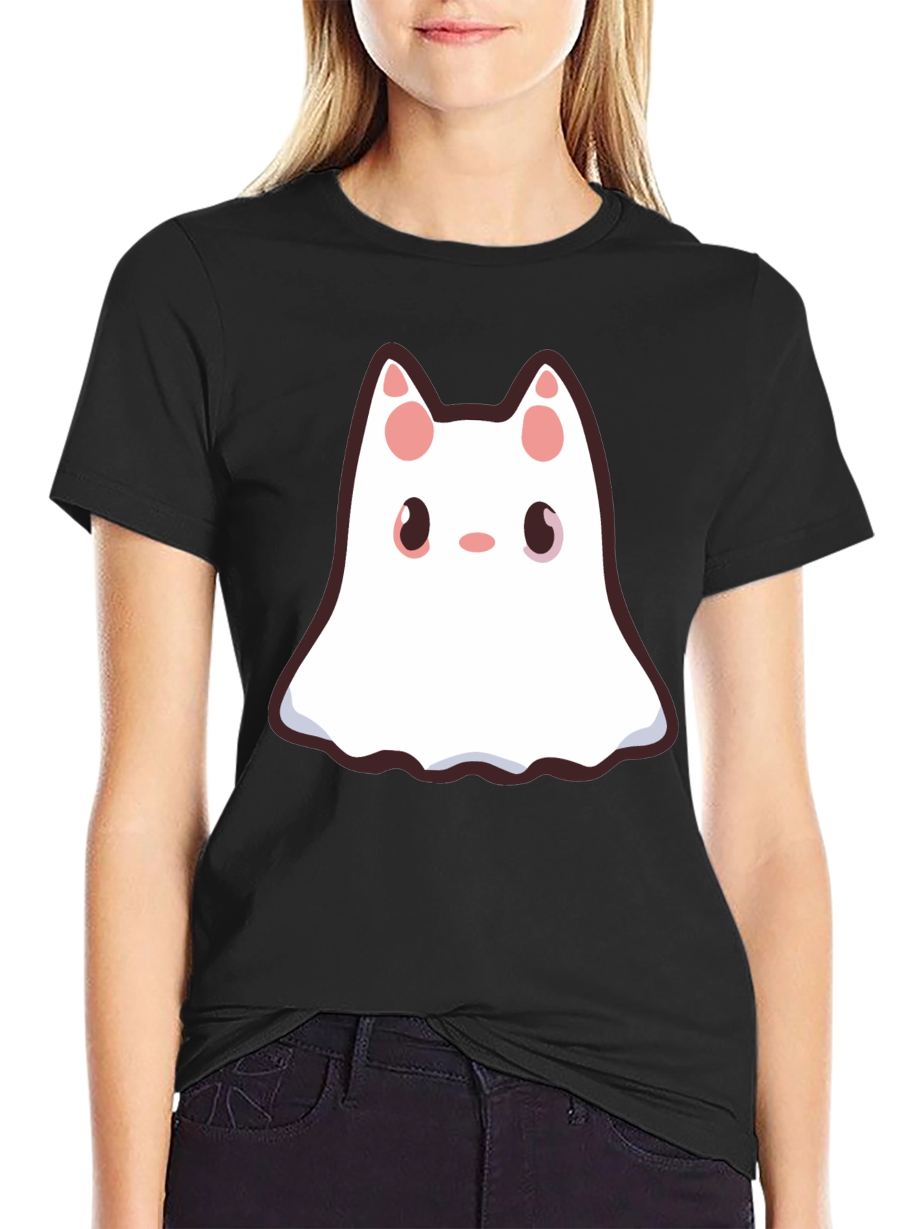 Cute Ghost Cat Black T-Shirt - Halloween Style