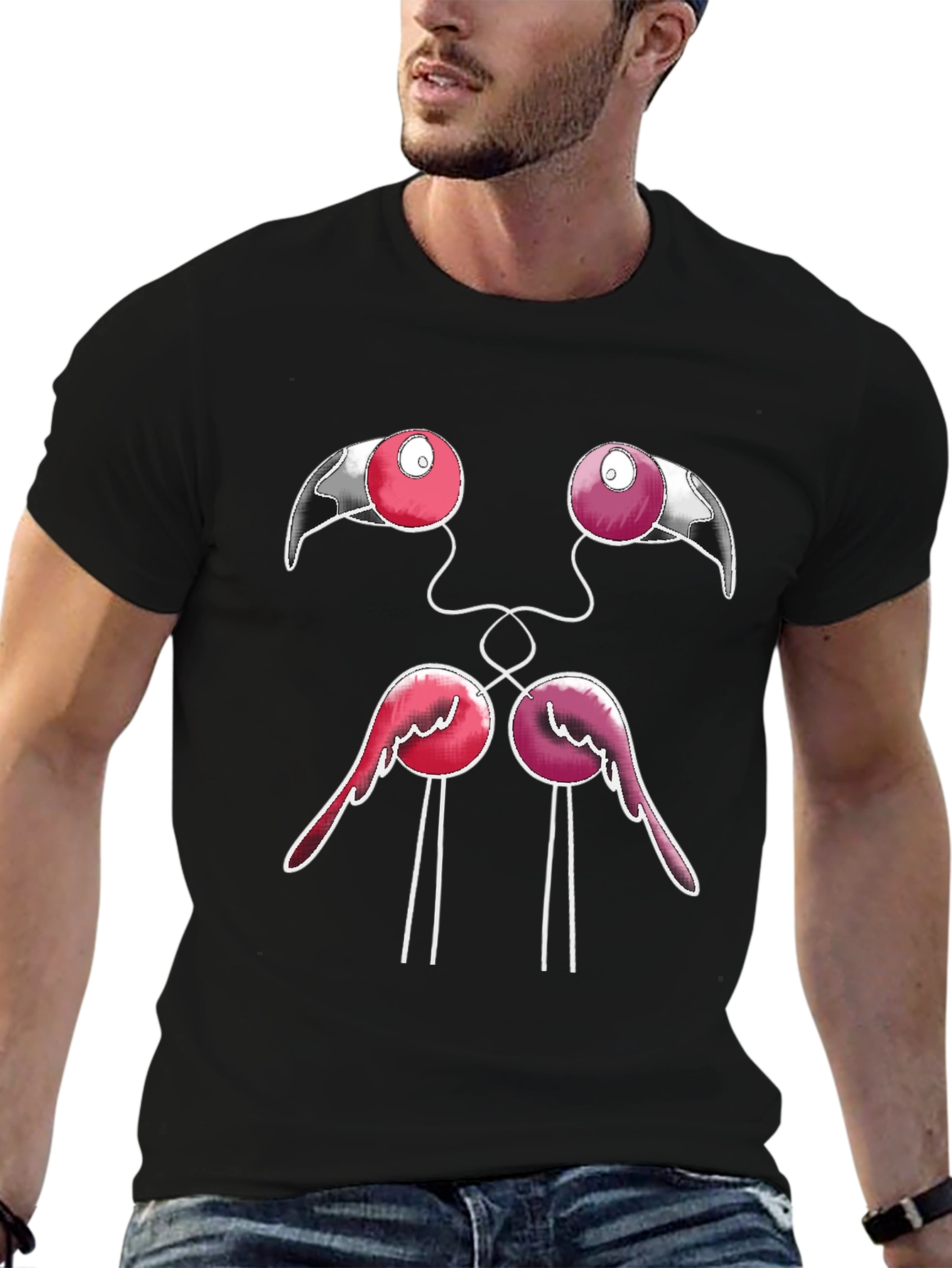 Funny Flamingo Face Graphic Black T-Shirt