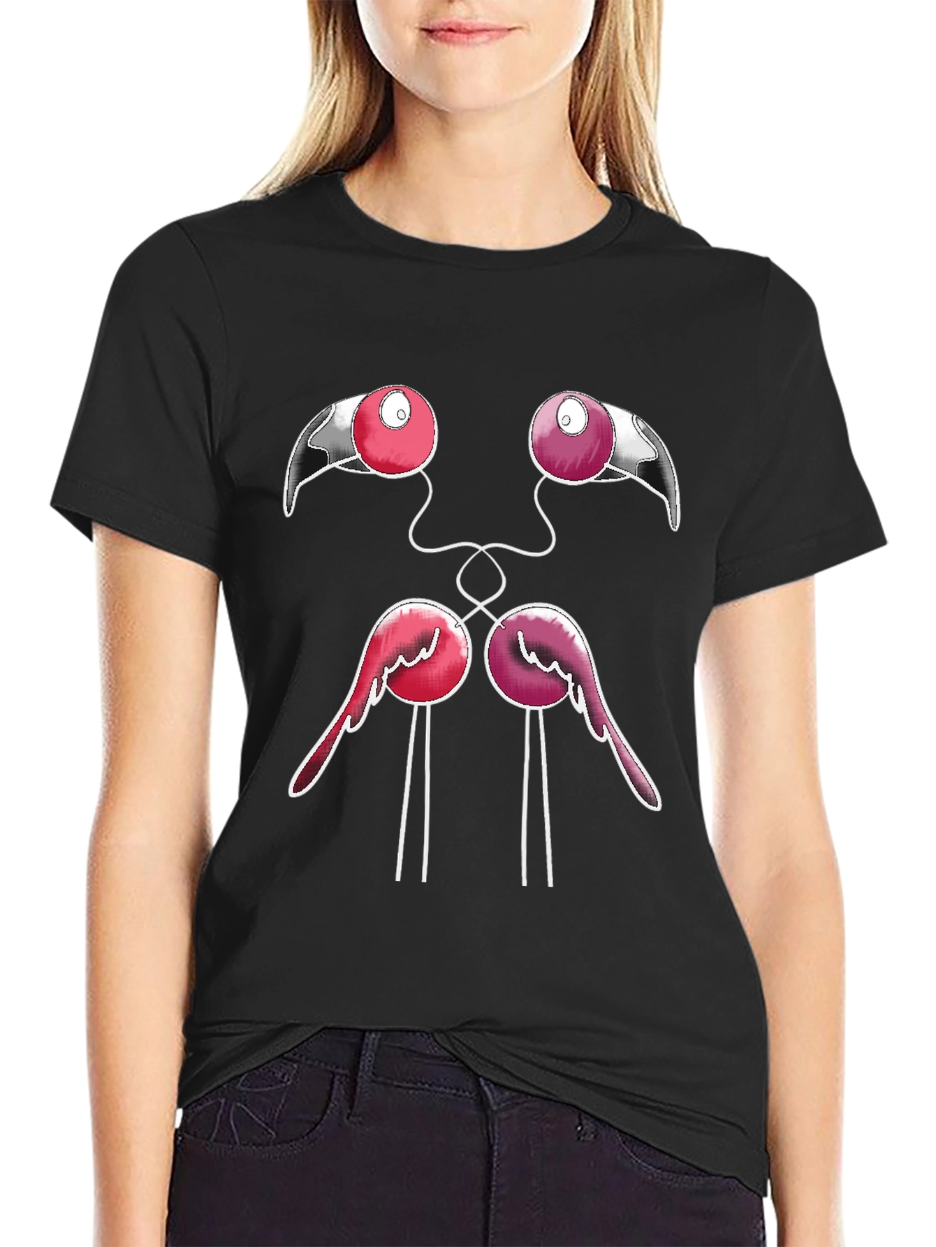 Funny Flamingo Face Graphic Black T-Shirt