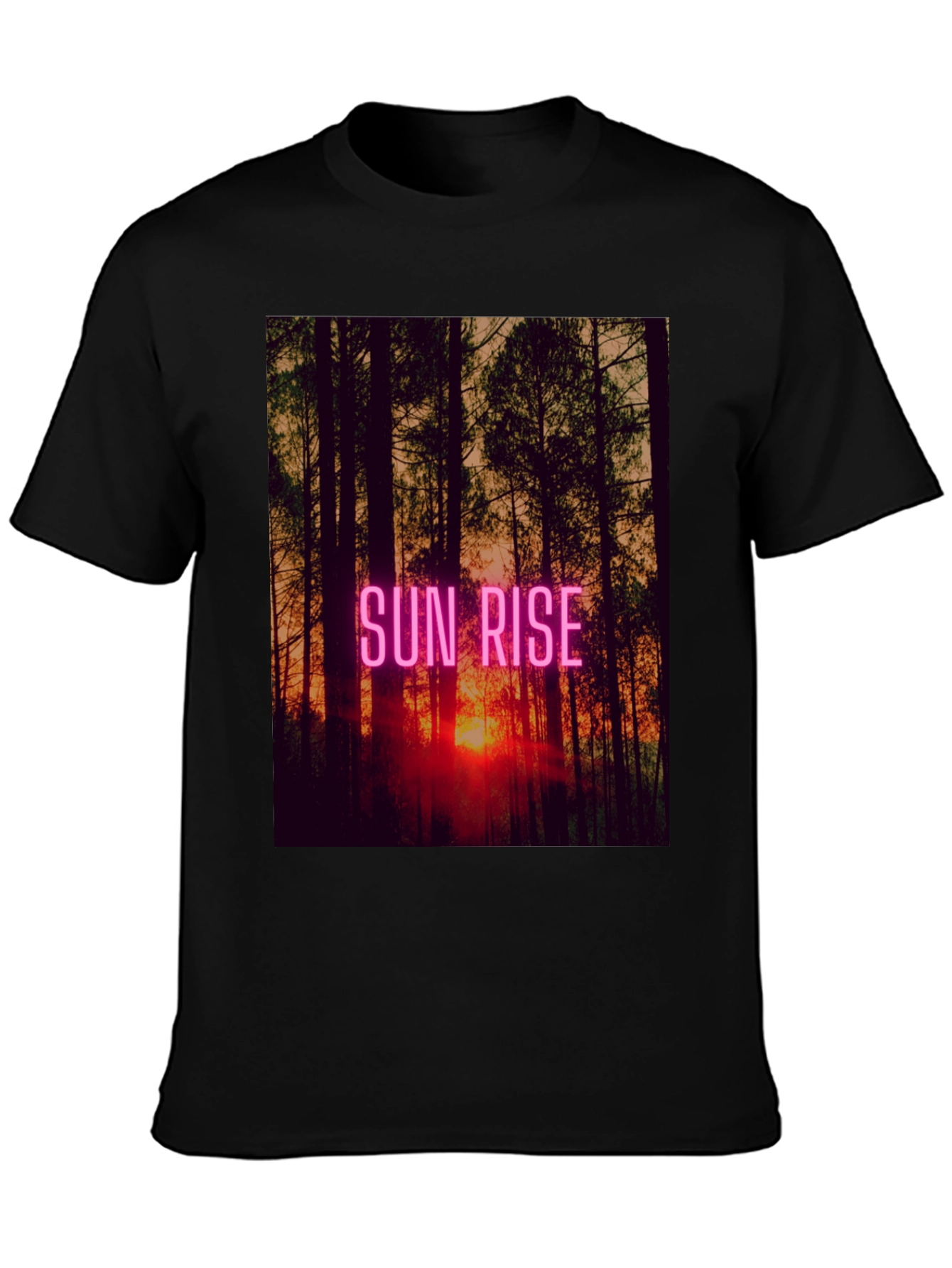 Sunrise Forest Graphic Tee - Black Cotton T-Shirt
