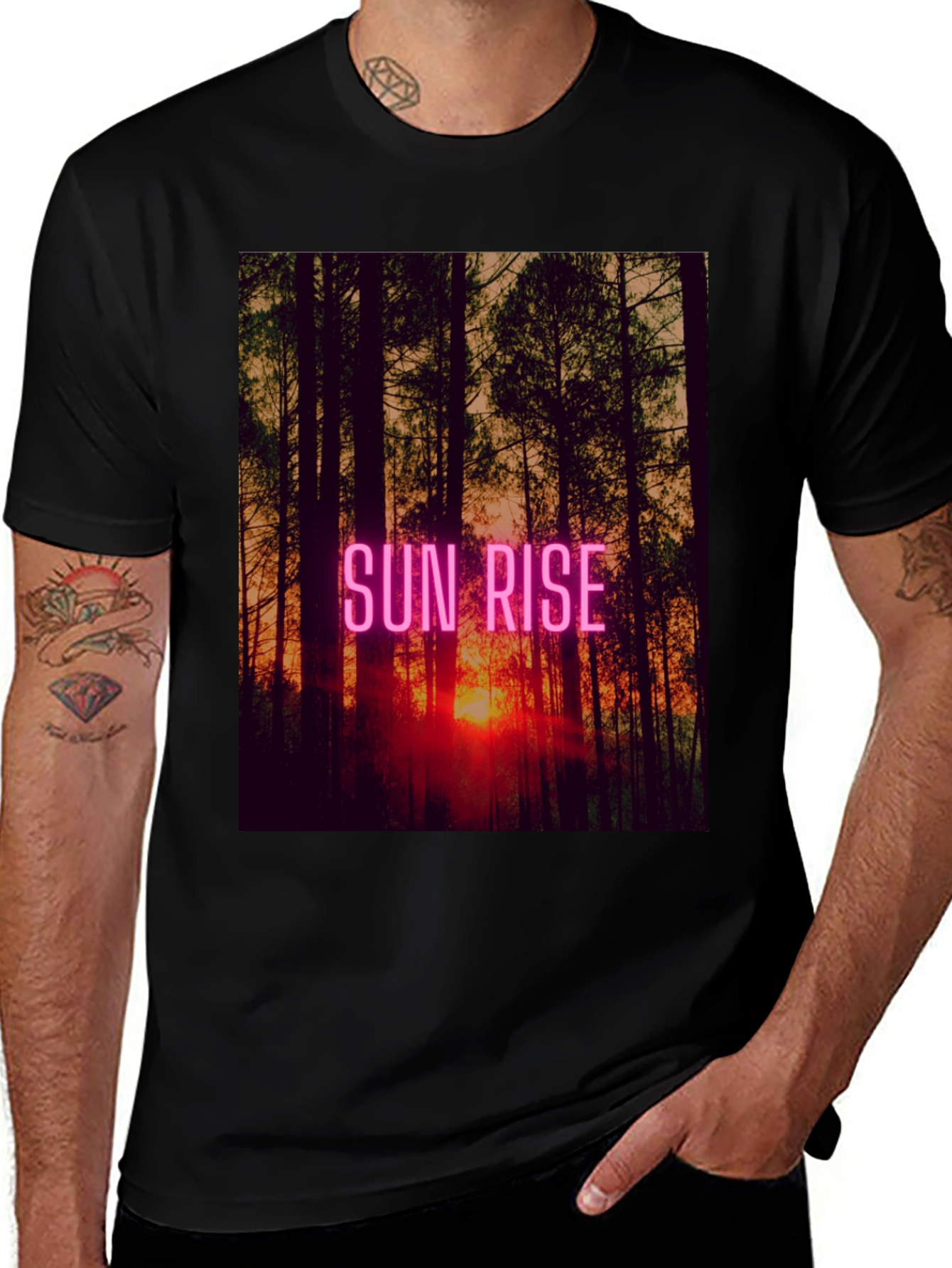 Sunrise Forest Graphic Tee - Black Cotton T-Shirt