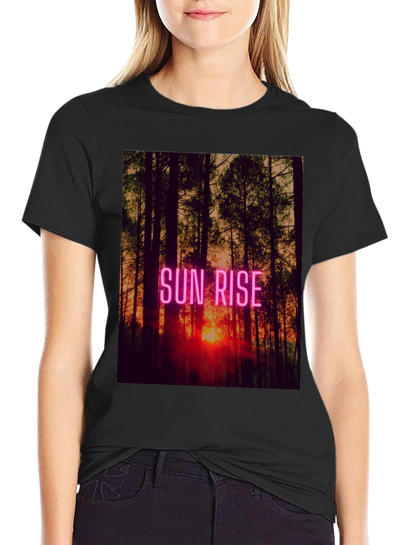 Sunrise Forest Graphic Tee - Black Cotton T-Shirt