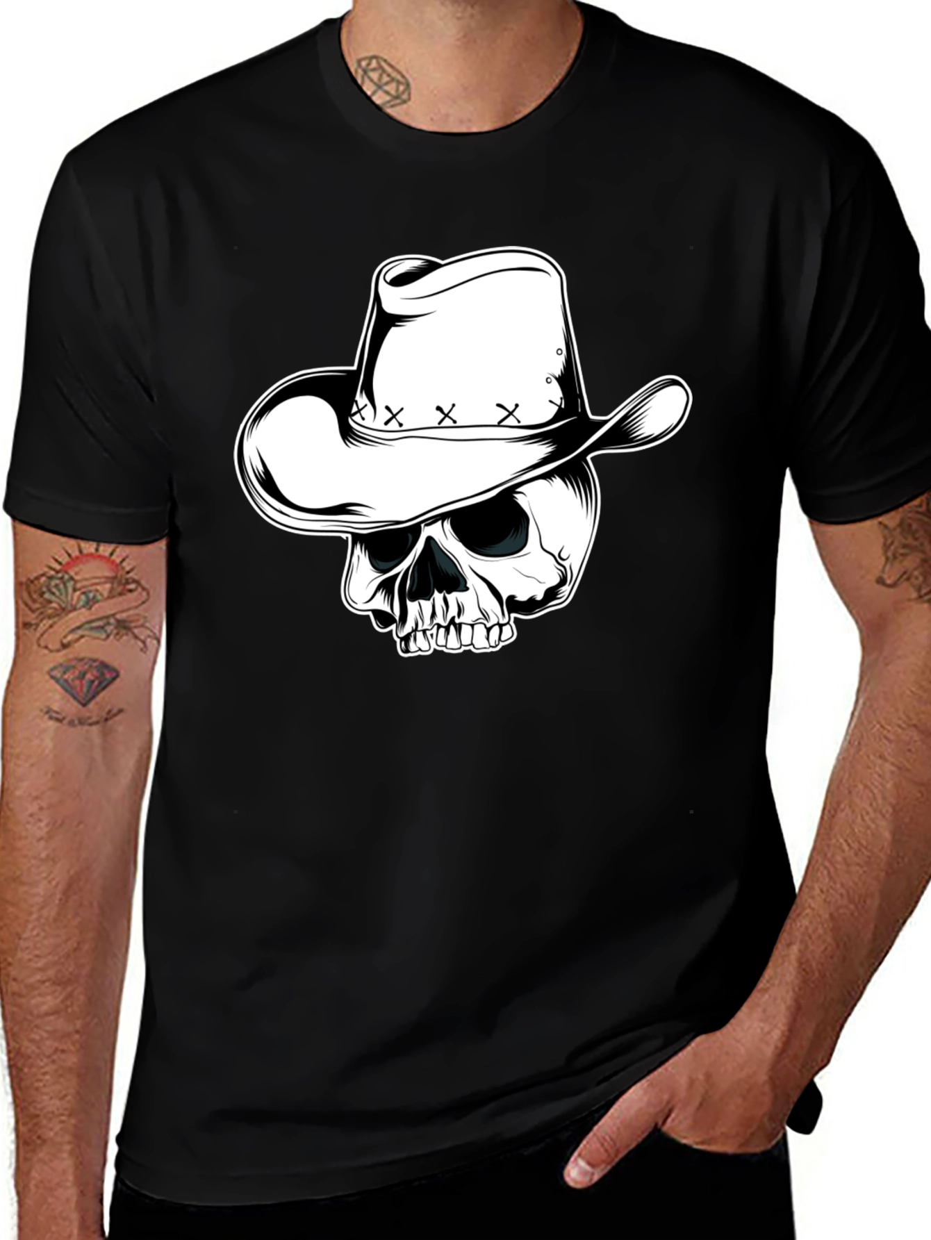 Skull Cowboy Hat Graphic Tee - Mens Black T-Shirt