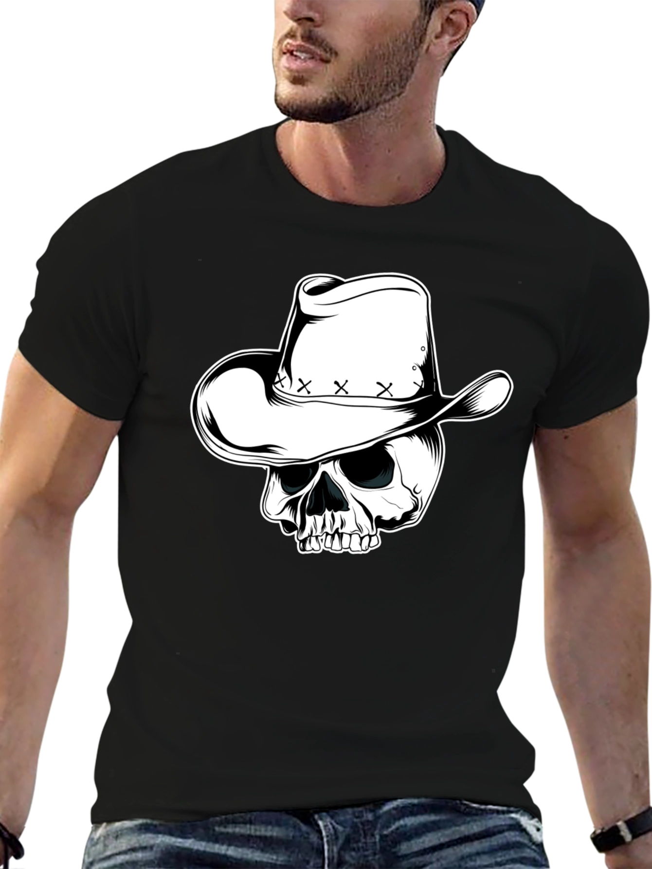 Skull Cowboy Hat Graphic Tee - Mens Black T-Shirt