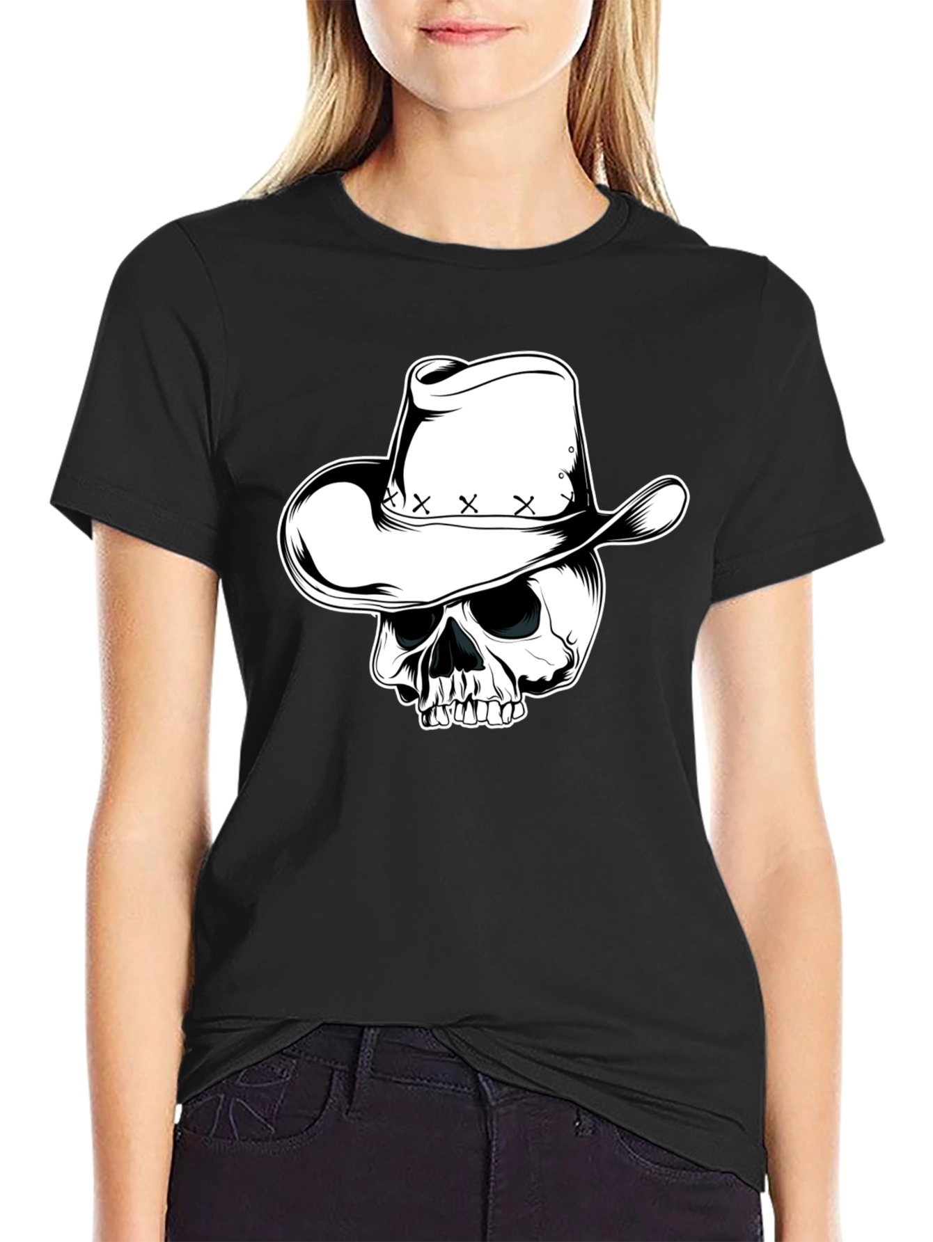 Skull Cowboy Hat Graphic Tee - Mens Black T-Shirt