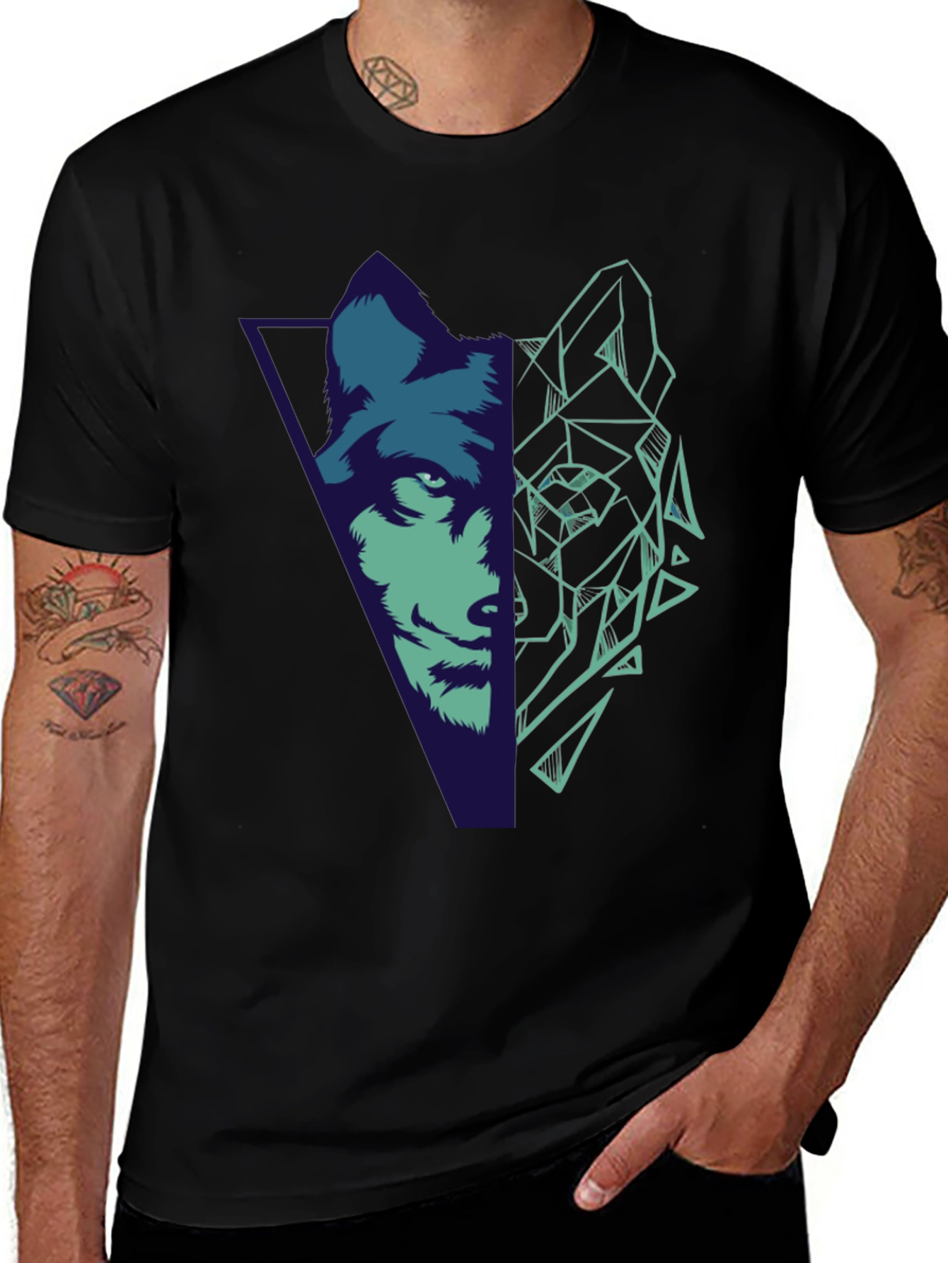 Geometric Wolf Graphic Print Black T-Shirt