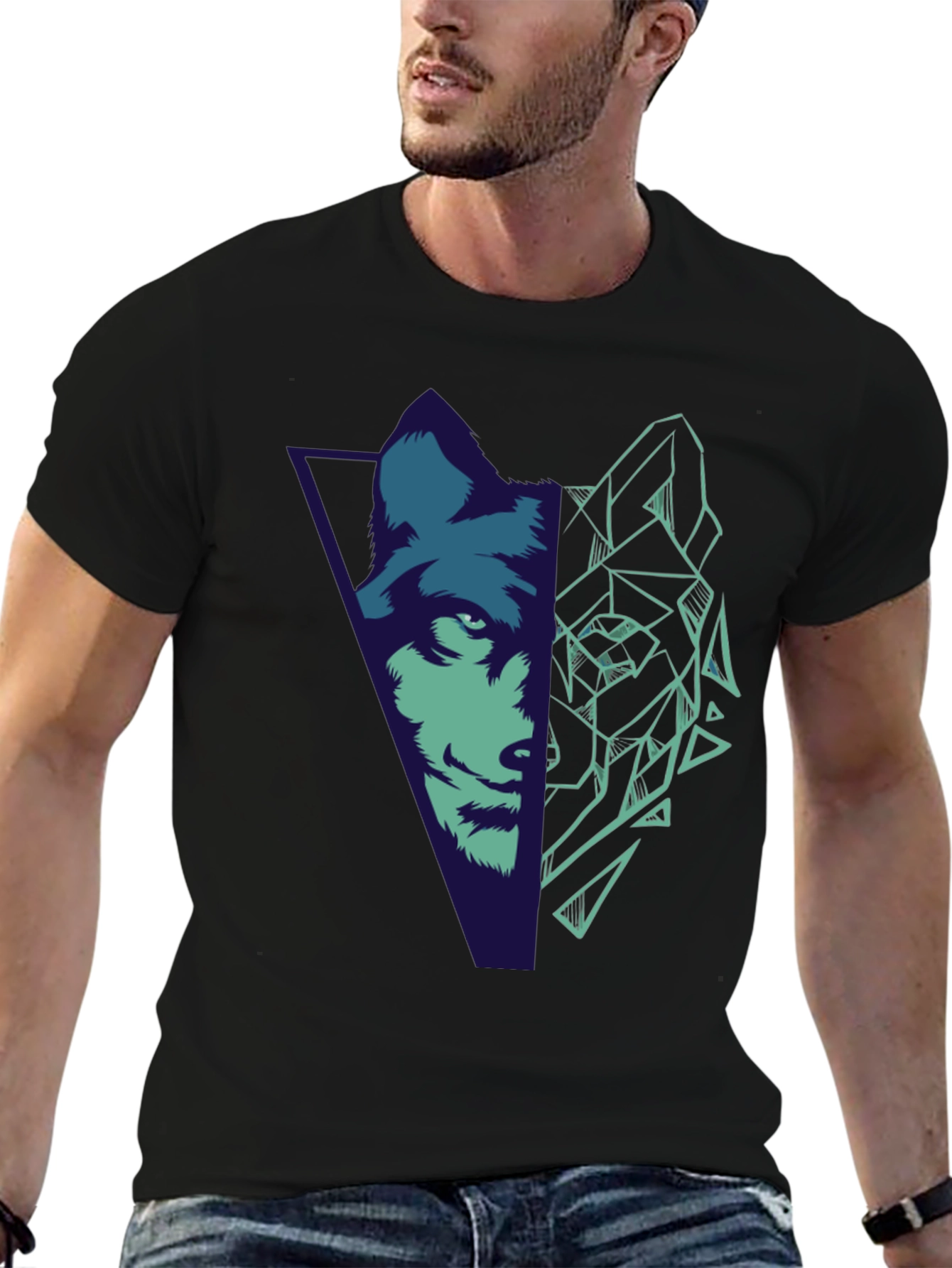 Geometric Wolf Graphic Print Black T-Shirt