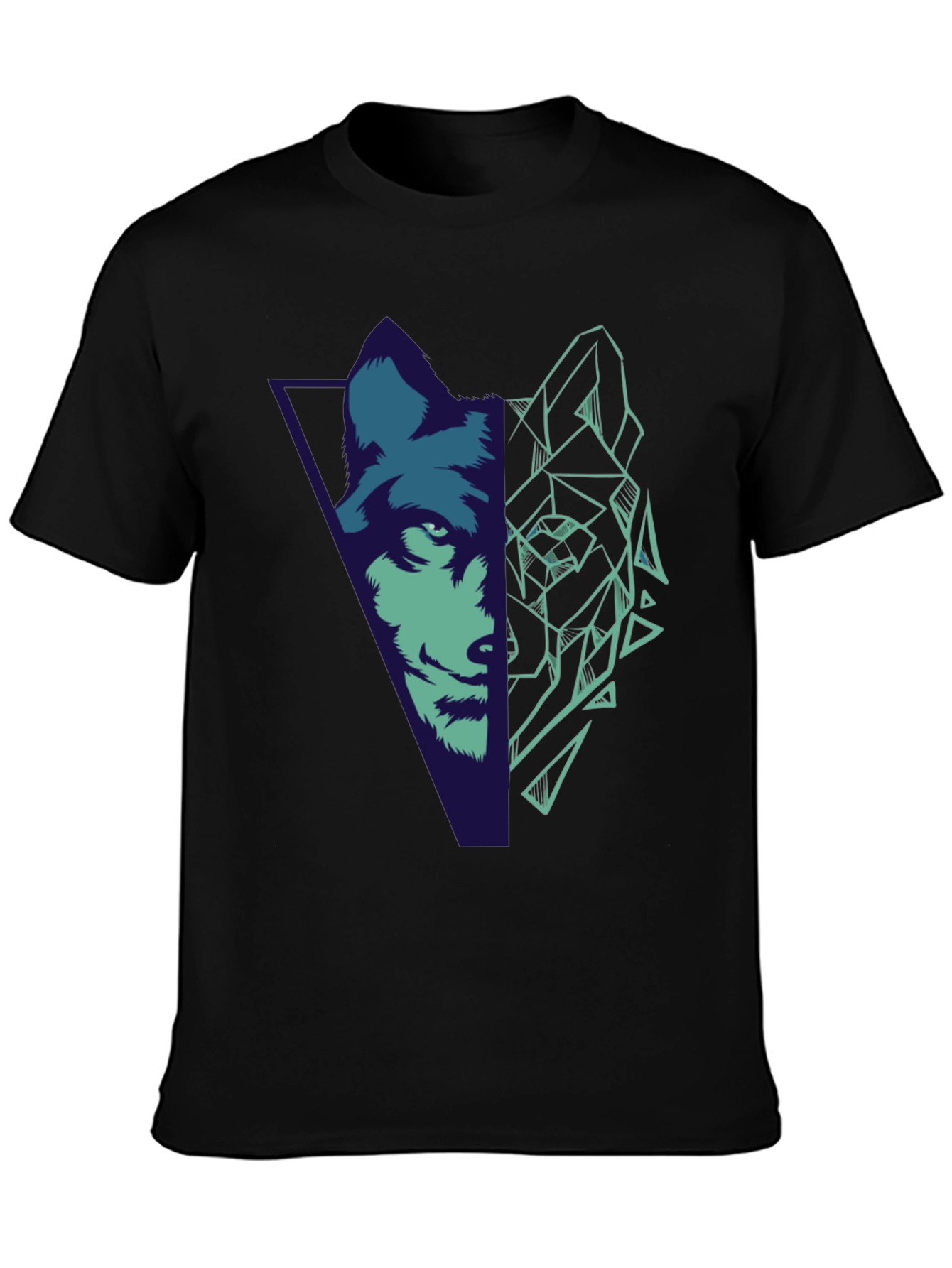 Geometric Wolf Graphic Print Black T-Shirt
