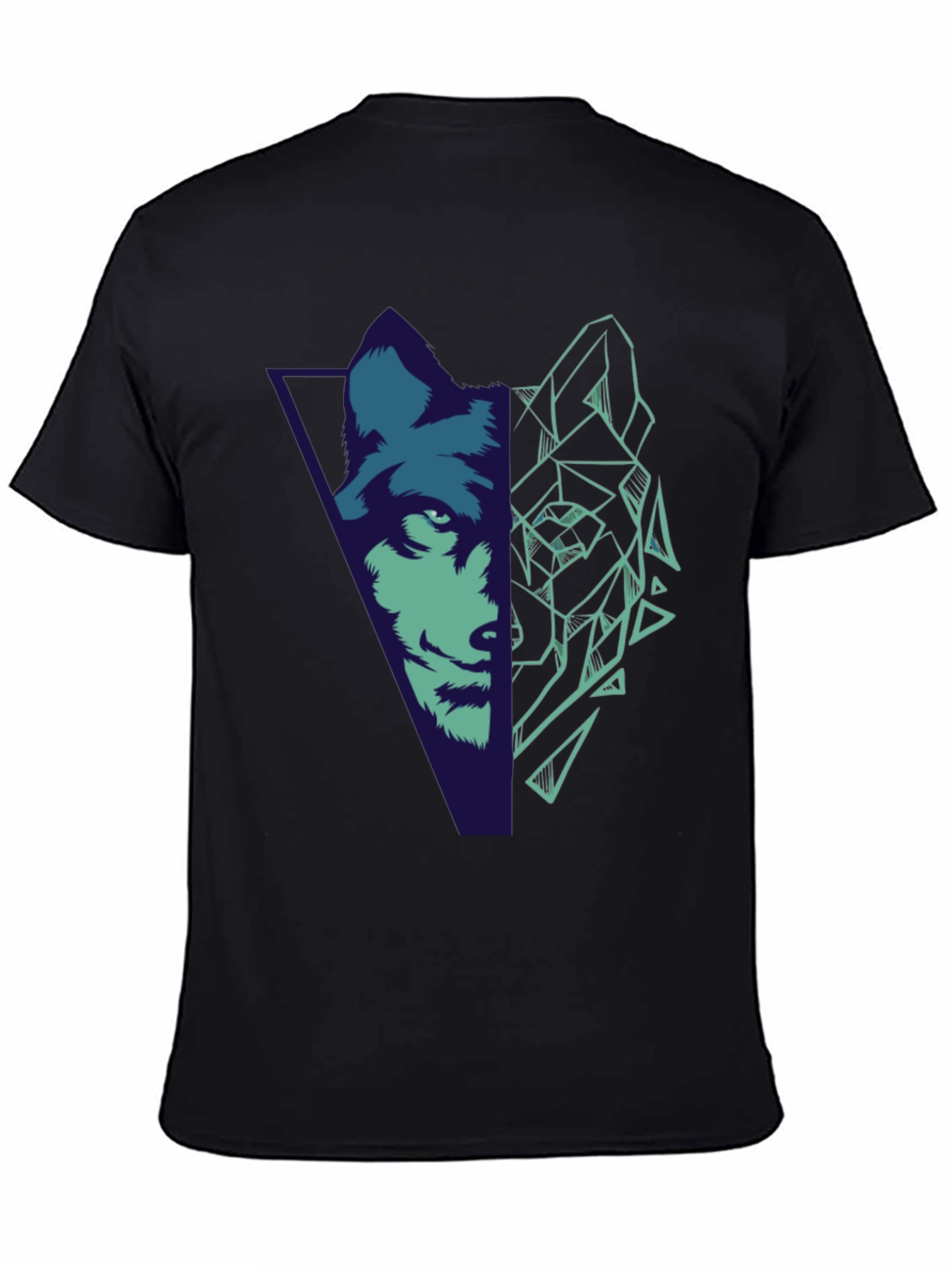 Geometric Wolf Graphic Print Black T-Shirt