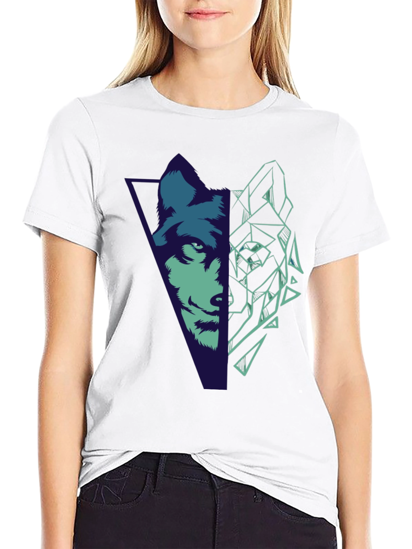 Geometric Wolf Graphic Print Black T-Shirt