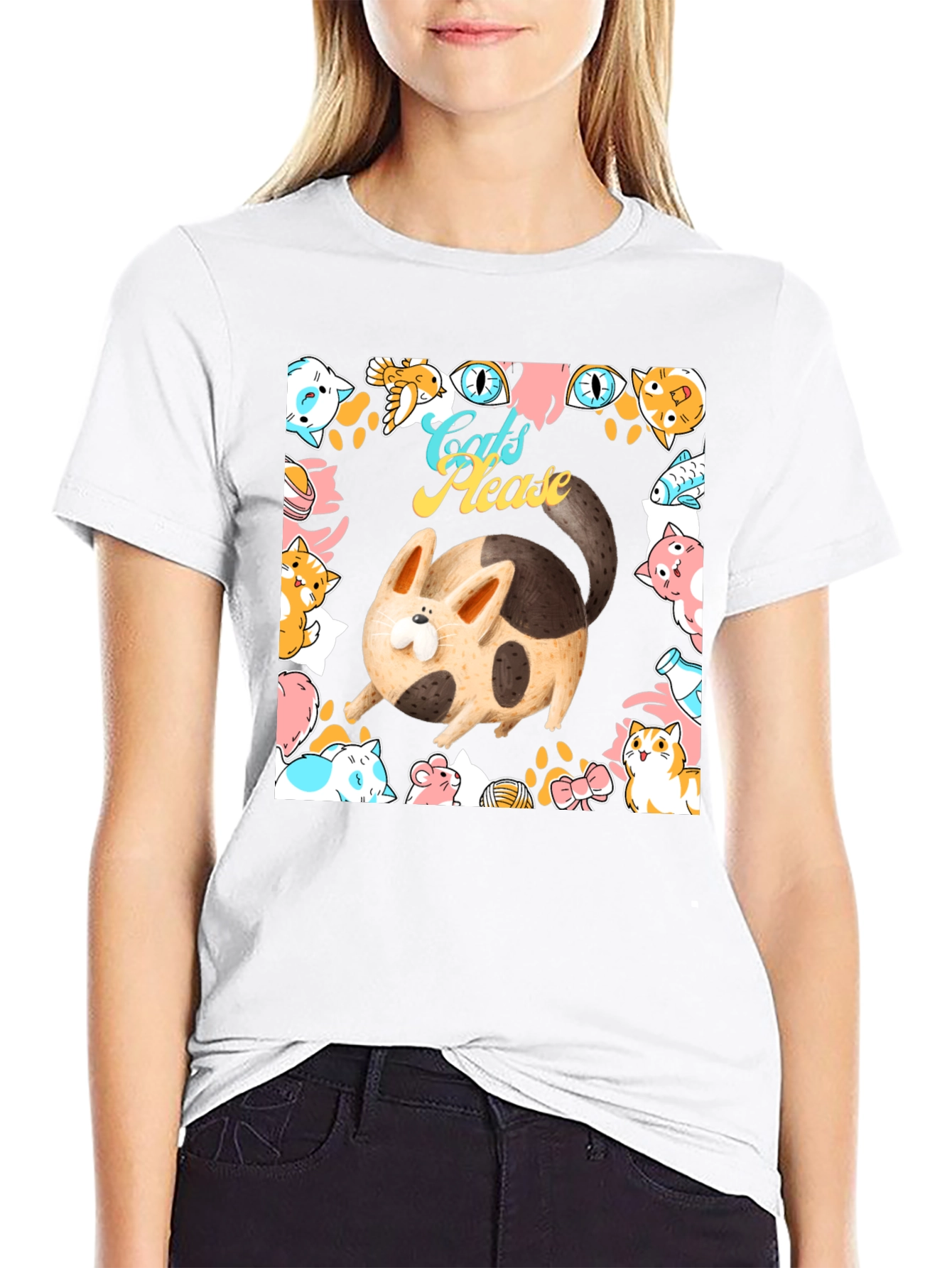 Cats Please Graphic Tee - Whimsical Black T-Shirt