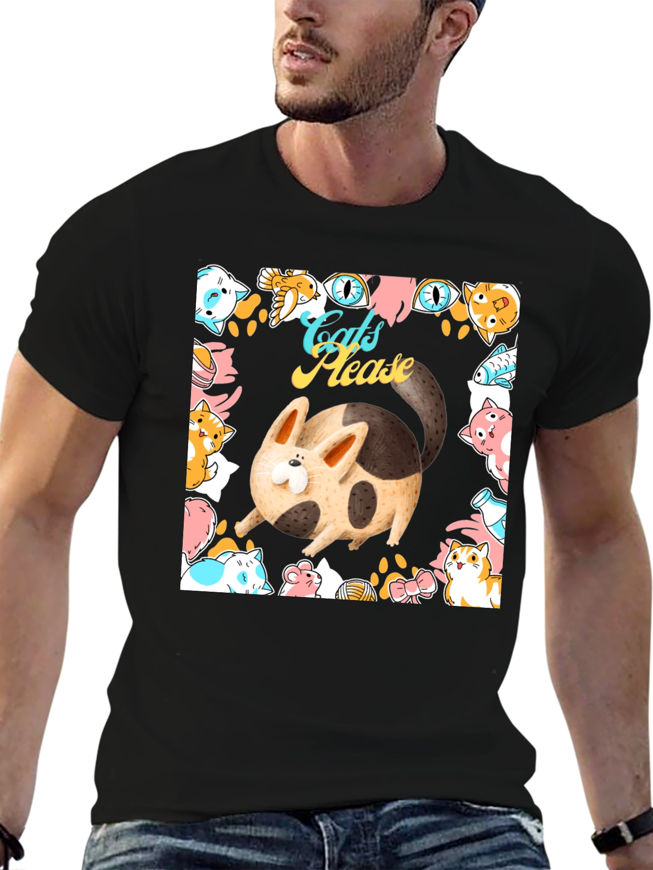 Cats Please Graphic Tee - Whimsical Black T-Shirt