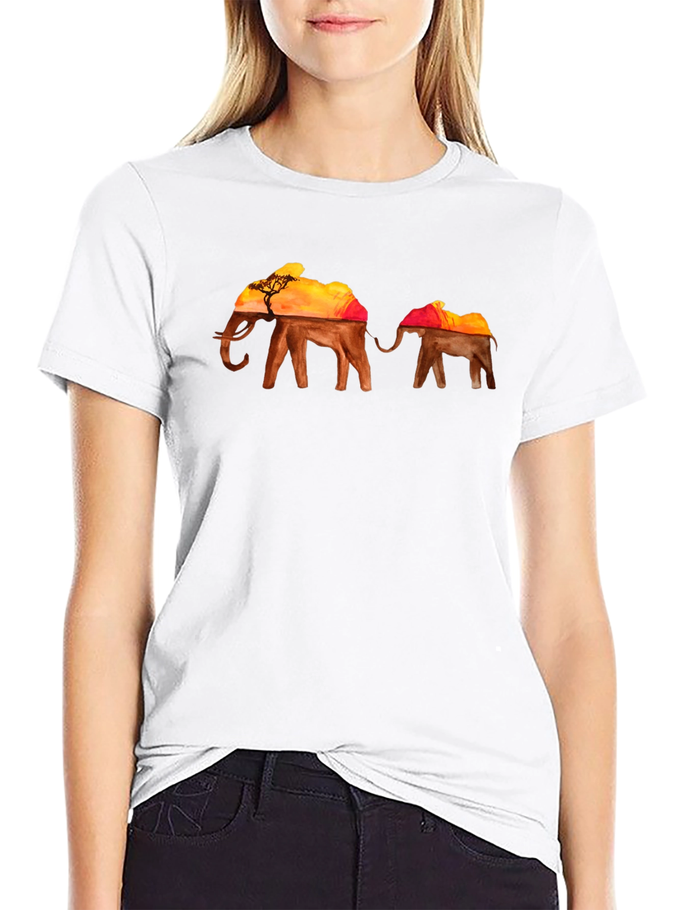 Elephant Sunset Graphic T-Shirt - Black