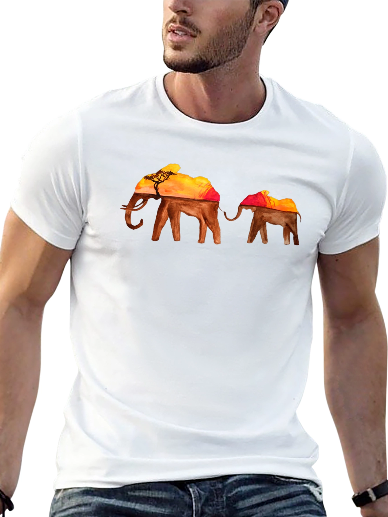 Elephant Sunset Graphic T-Shirt - Black