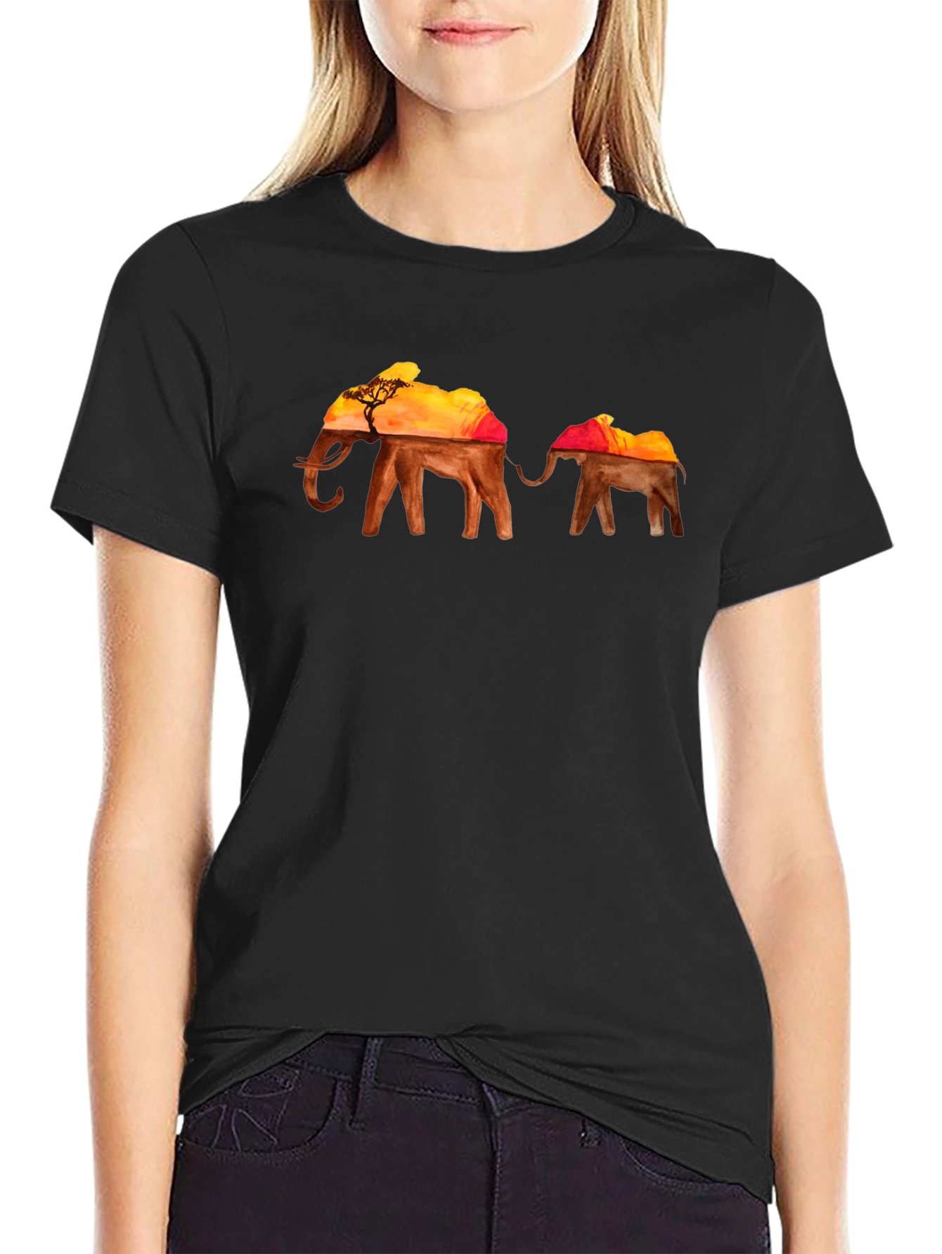 Elephant Sunset Graphic T-Shirt - Black