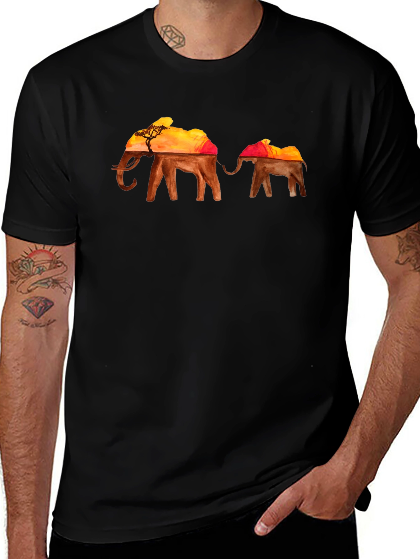 Elephant Sunset Graphic T-Shirt - Black