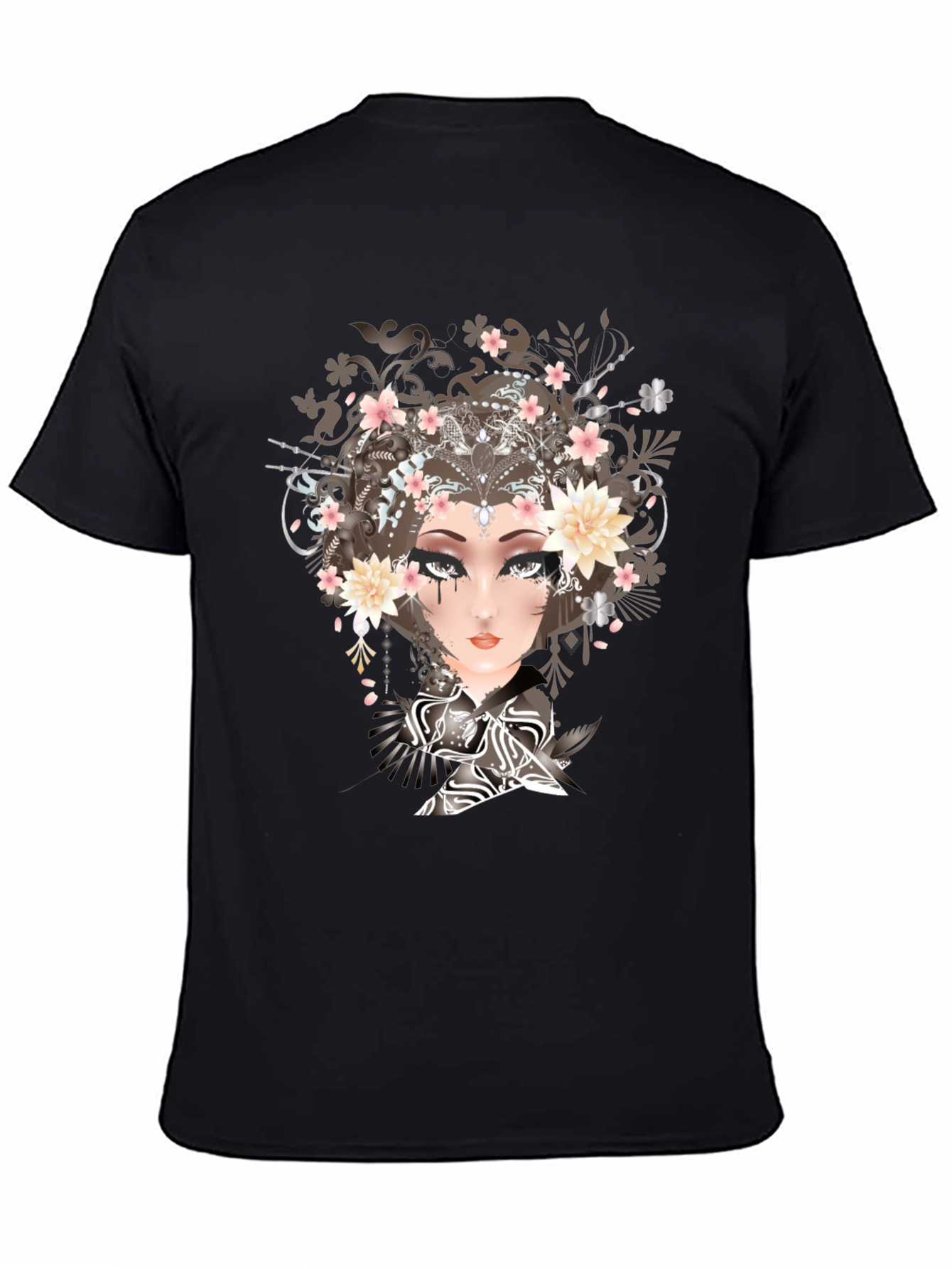 Black T-Shirt with Geisha Art Print