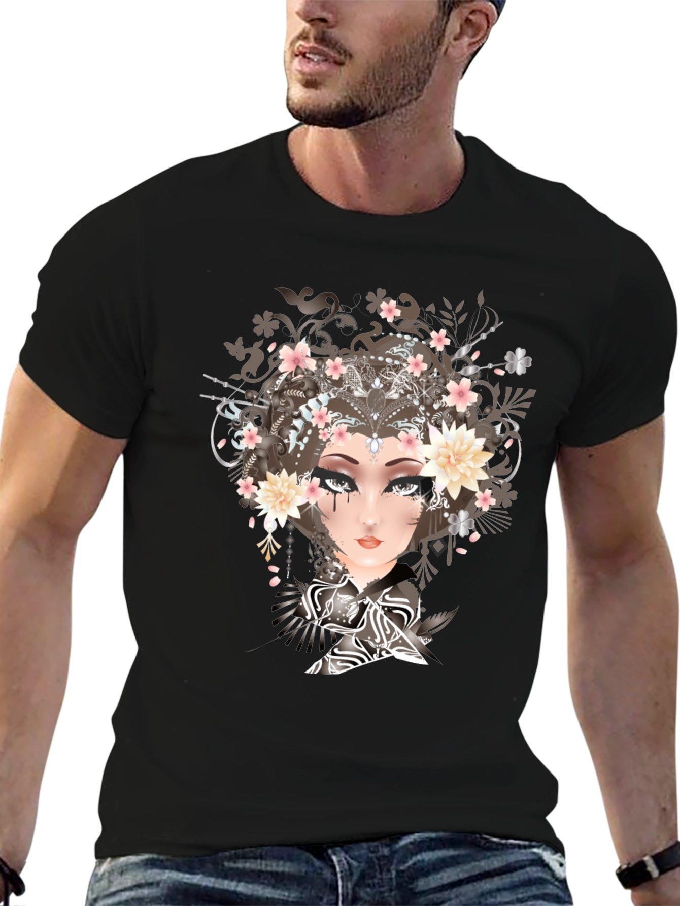 Black T-Shirt with Geisha Art Print