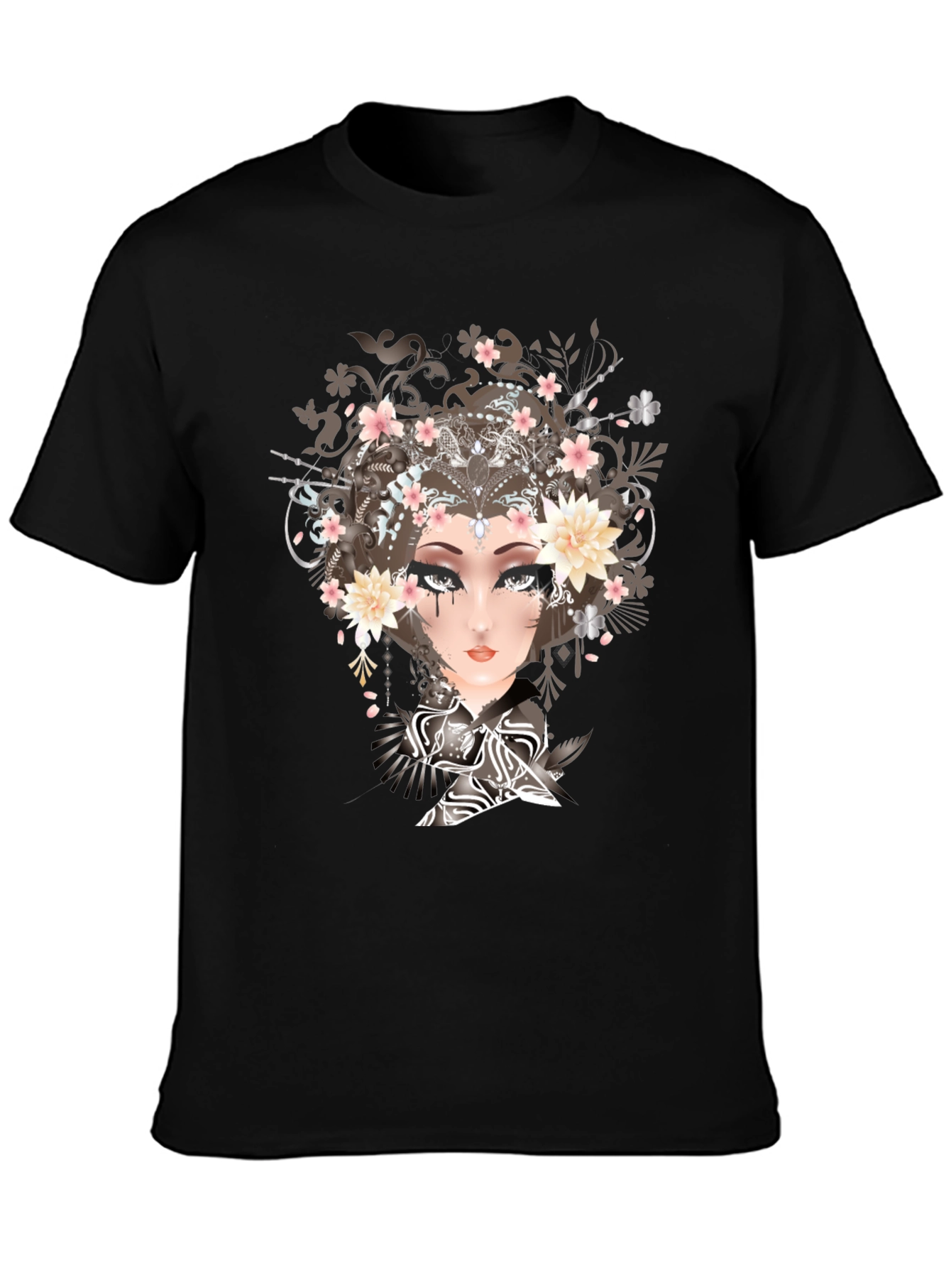 Black T-Shirt with Geisha Art Print