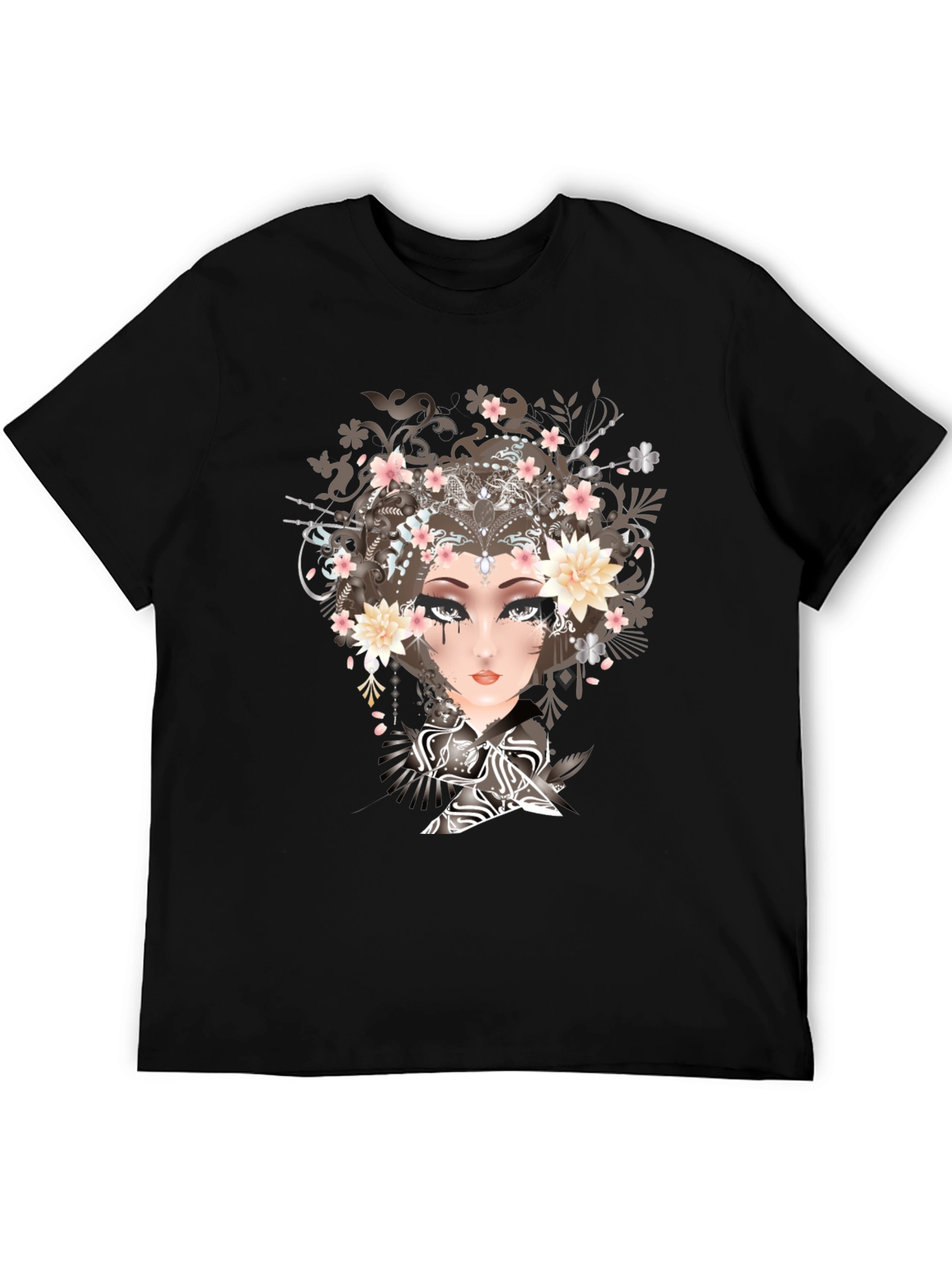 Black T-Shirt with Geisha Art Print