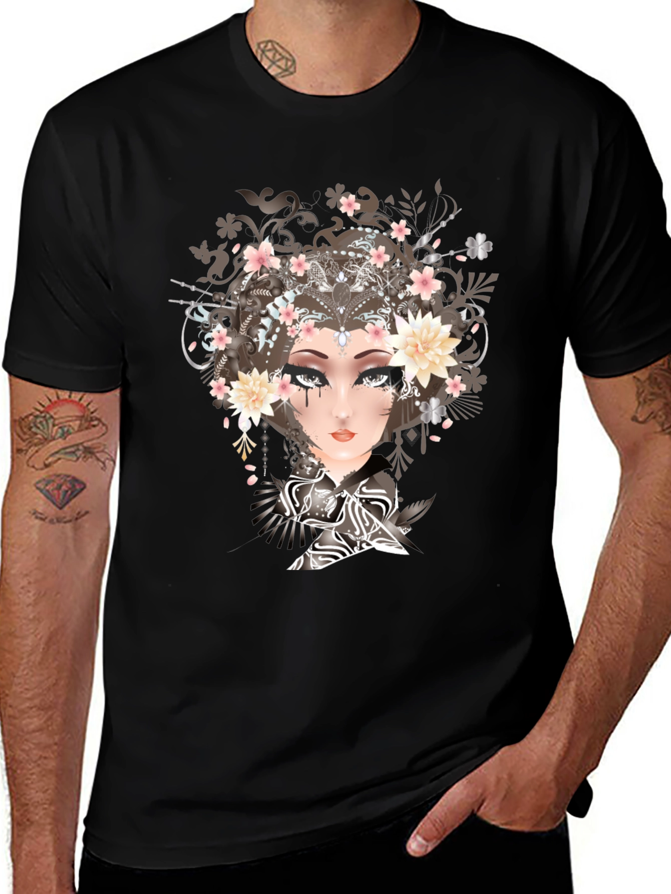 Black T-Shirt with Geisha Art Print