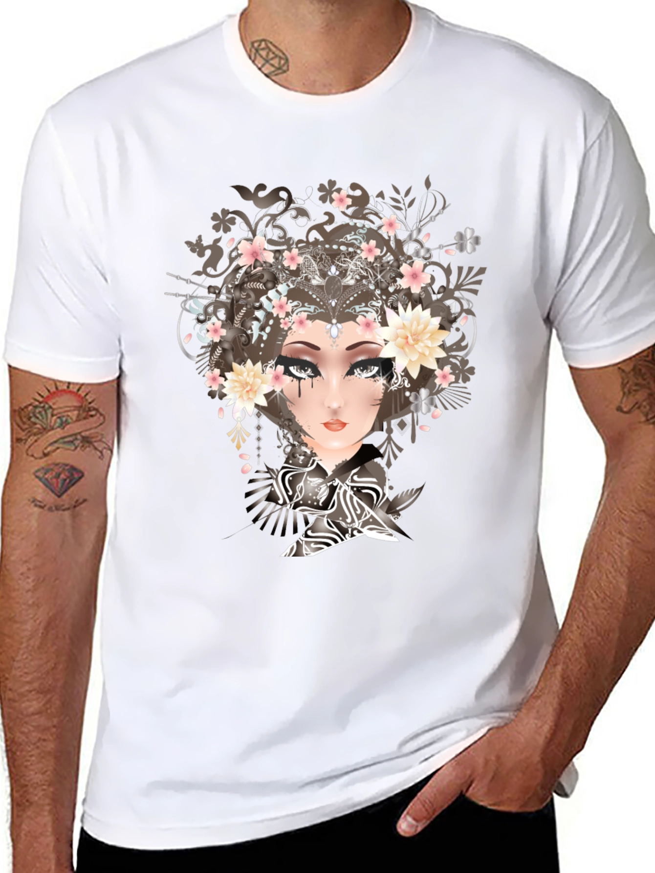 Black T-Shirt with Geisha Art Print