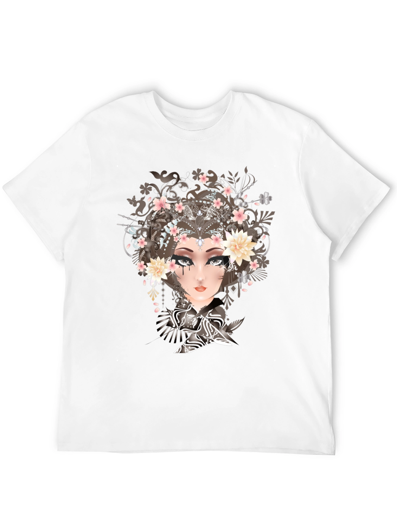 Black T-Shirt with Geisha Art Print
