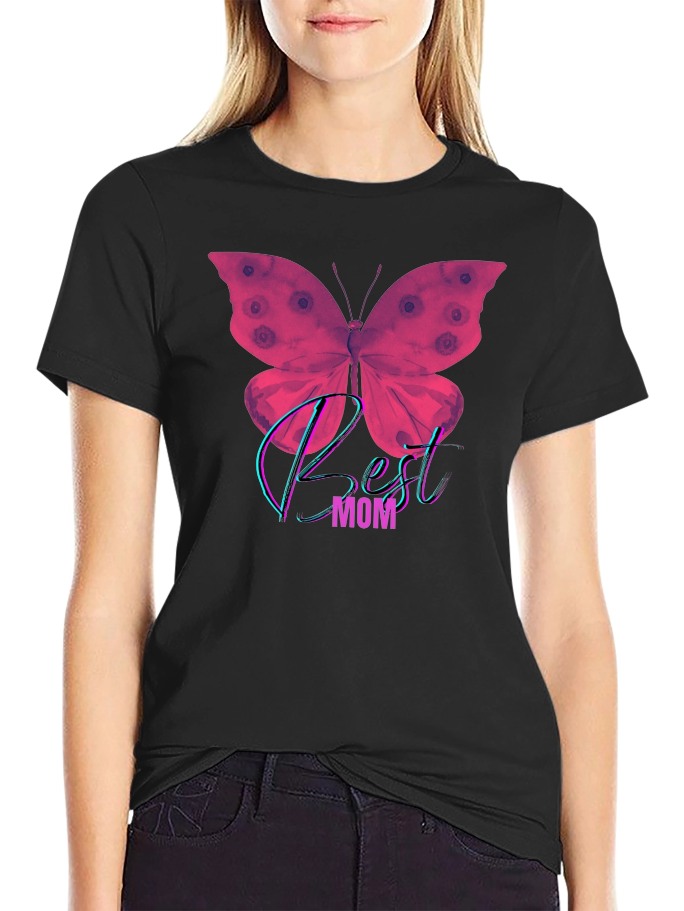 Best Mom Butterfly Graphic T-Shirt - Black