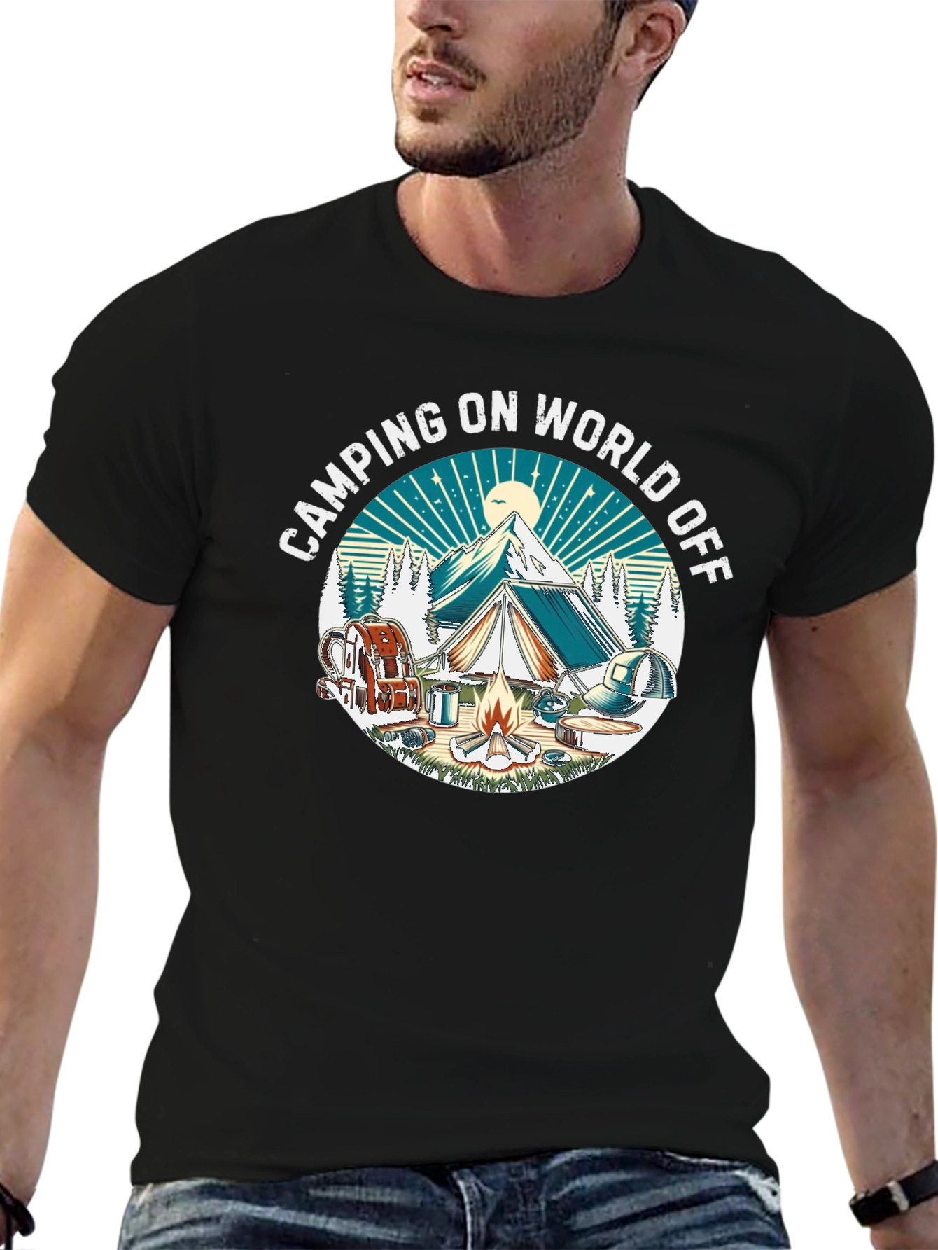 Camping On World Off Black T-Shirt