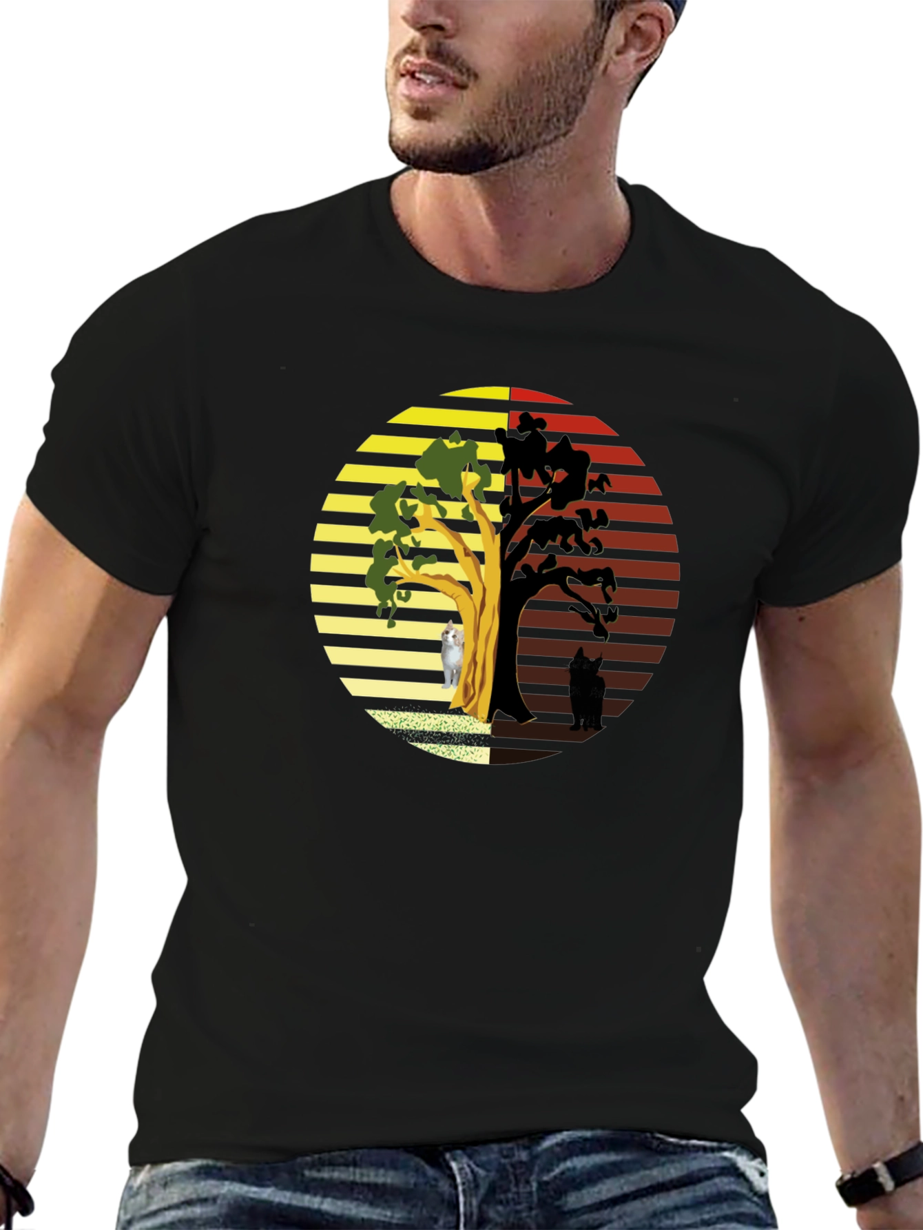 Yin Yang Cat Tree Black T-Shirt