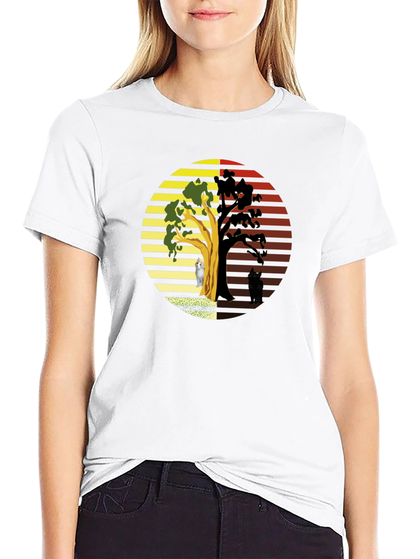 Yin Yang Cat Tree Black T-Shirt