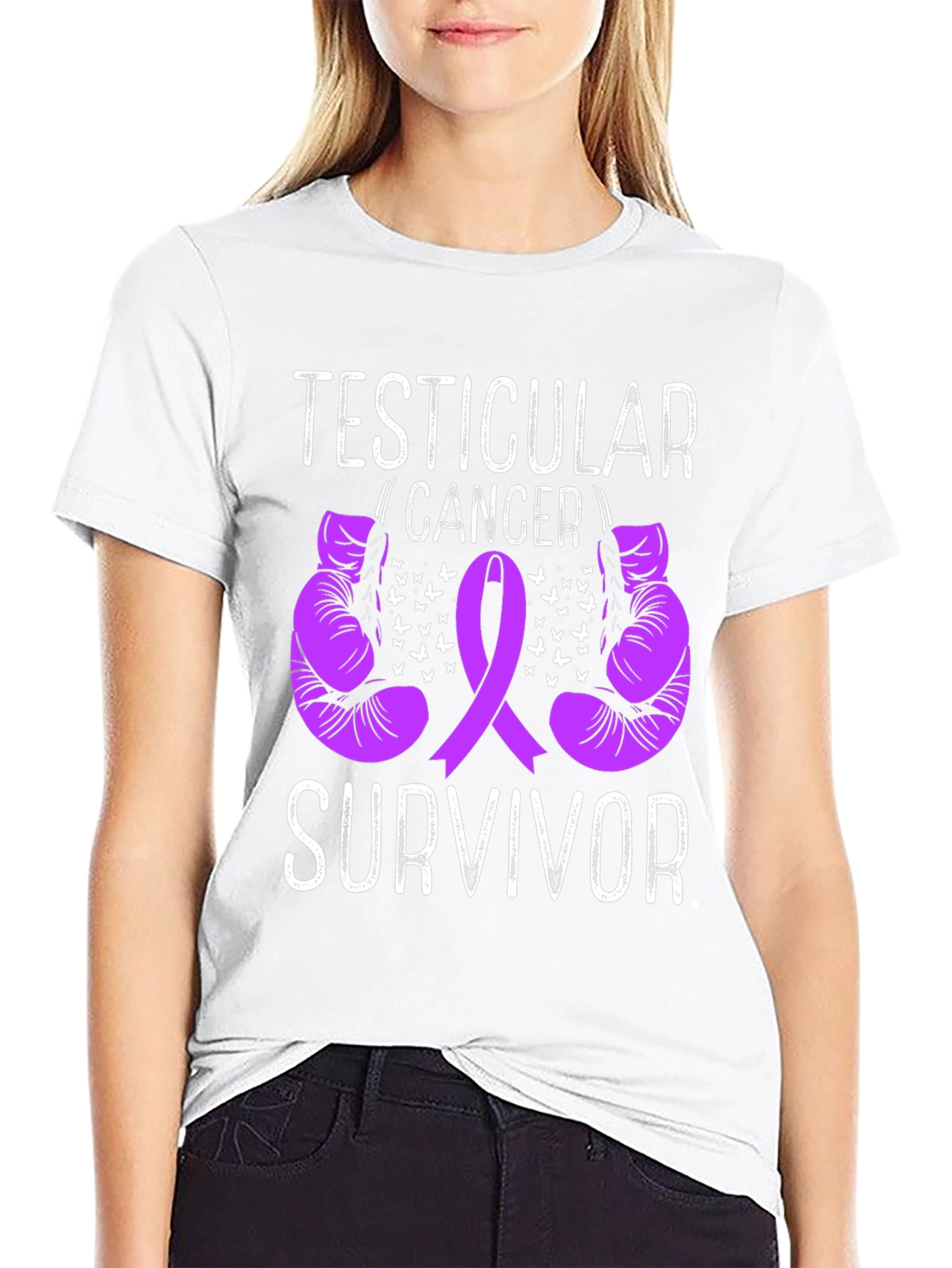 Testicular Cancer Survivor T-Shirt Purple Ribbon Boxing Gloves