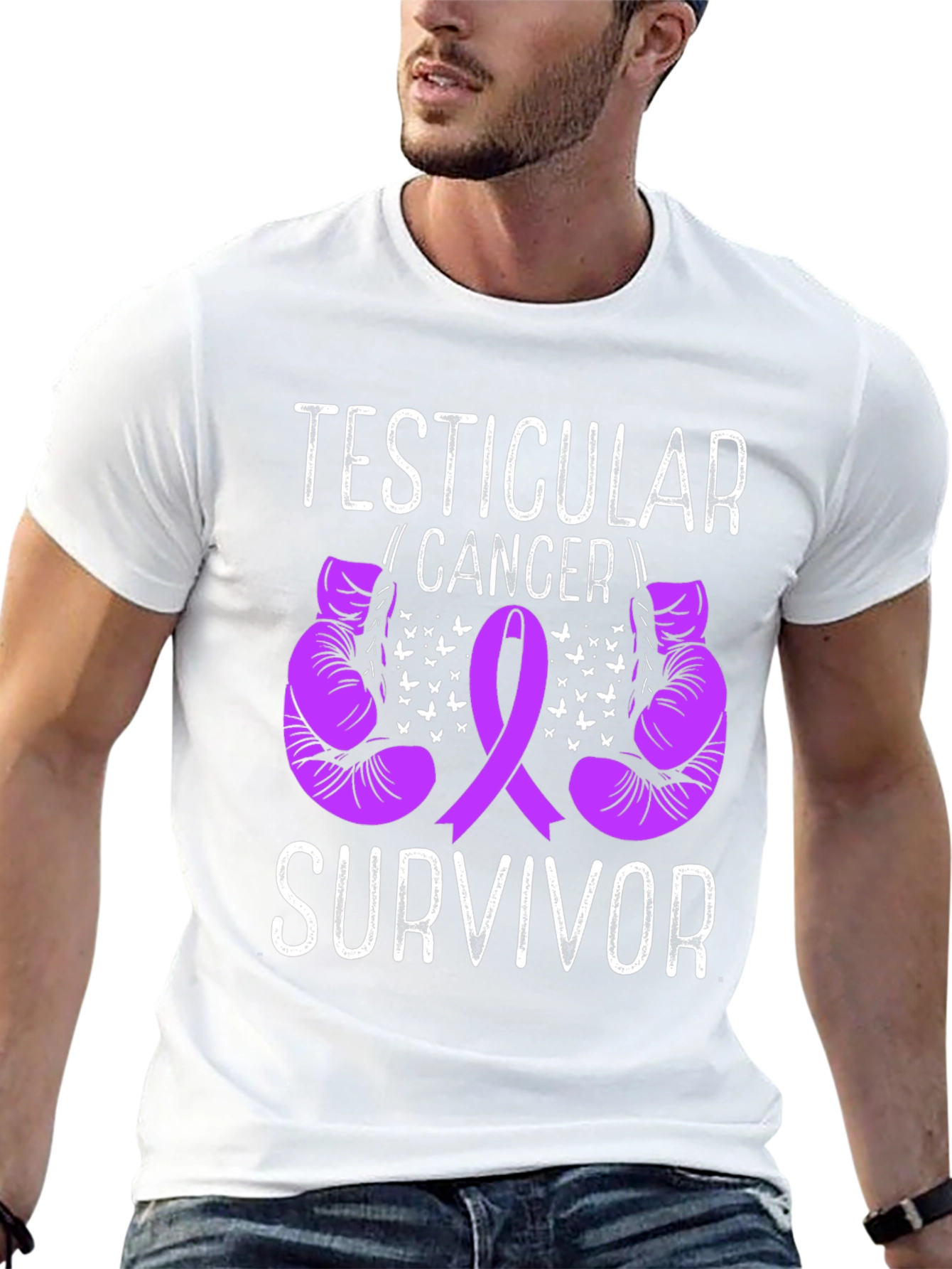 Testicular Cancer Survivor T-Shirt Purple Ribbon Boxing Gloves